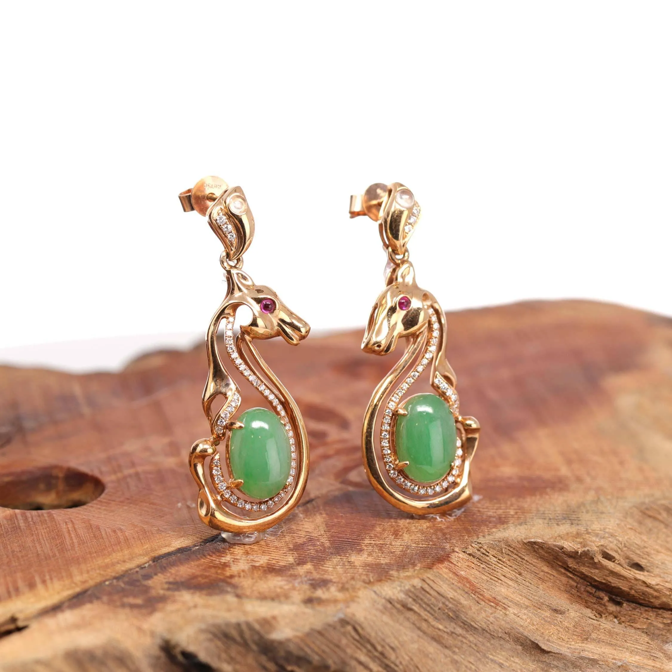 18k Rose Gold Genuine Jadeite Jade Golden Horse Earrings & Diamond