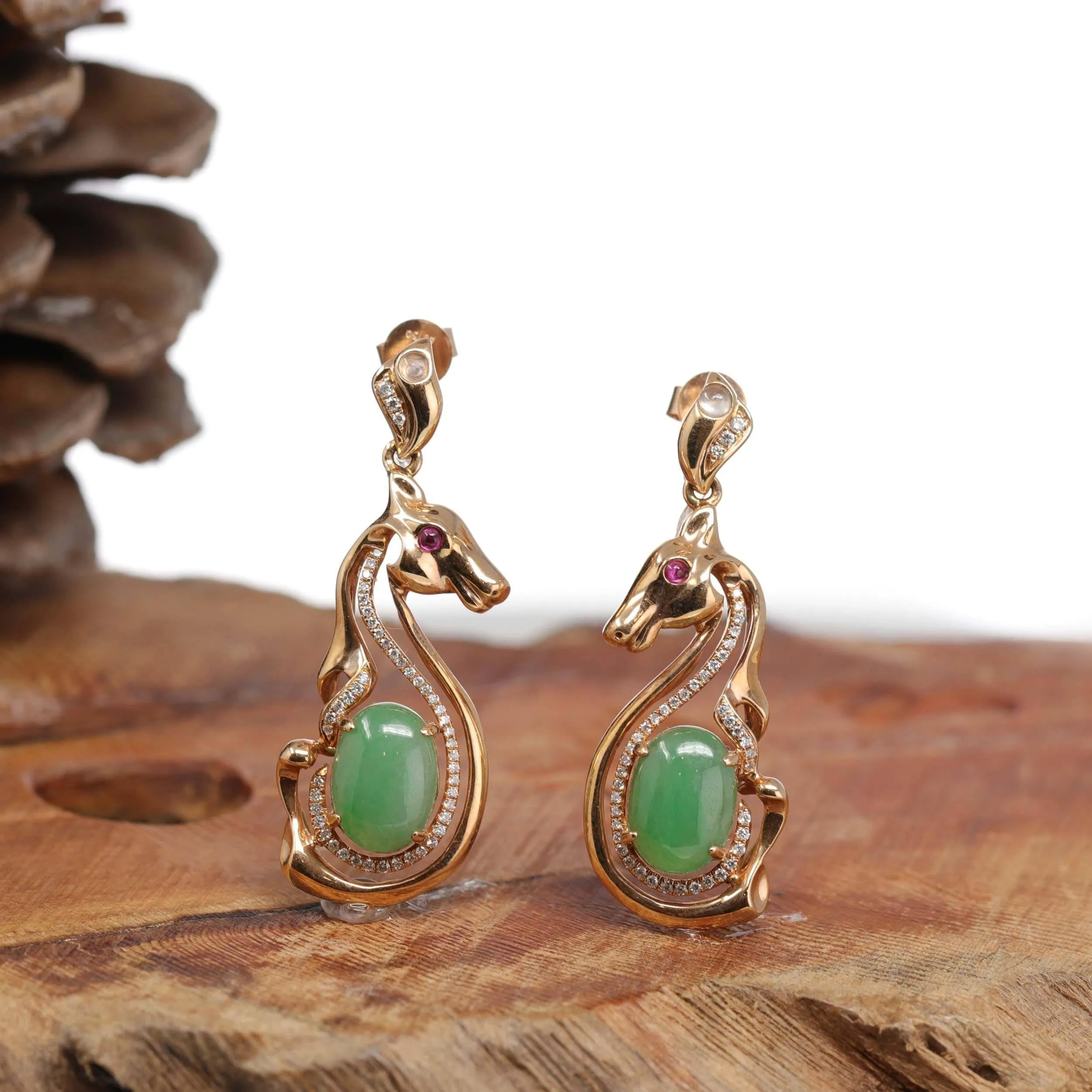 18k Rose Gold Genuine Jadeite Jade Golden Horse Earrings & Diamond