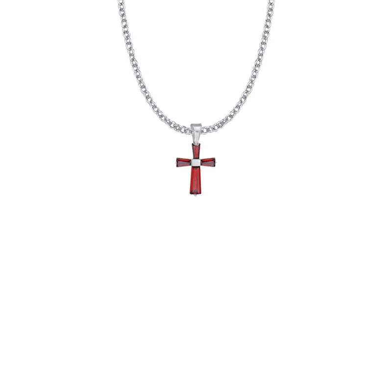 3/4 Inch Sterling Silver and Glass Crystal July Birthstone Baguette Cross Necklace