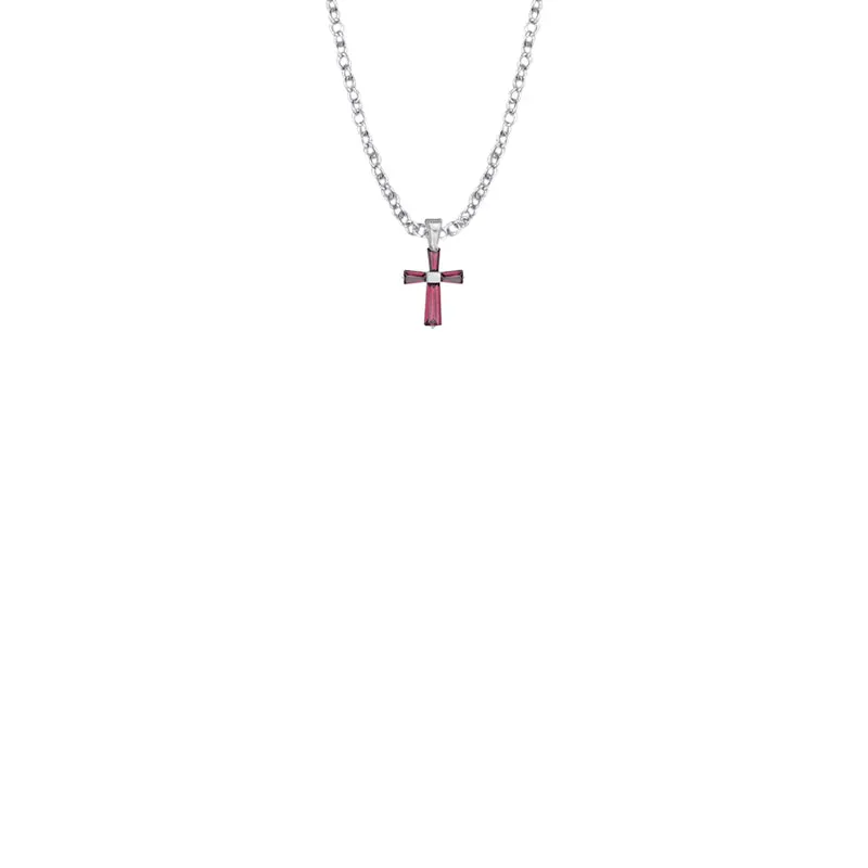3/8 Inch Sterling Silver and Glass Crystal July Birthstone Baguette Cross Baby Necklace