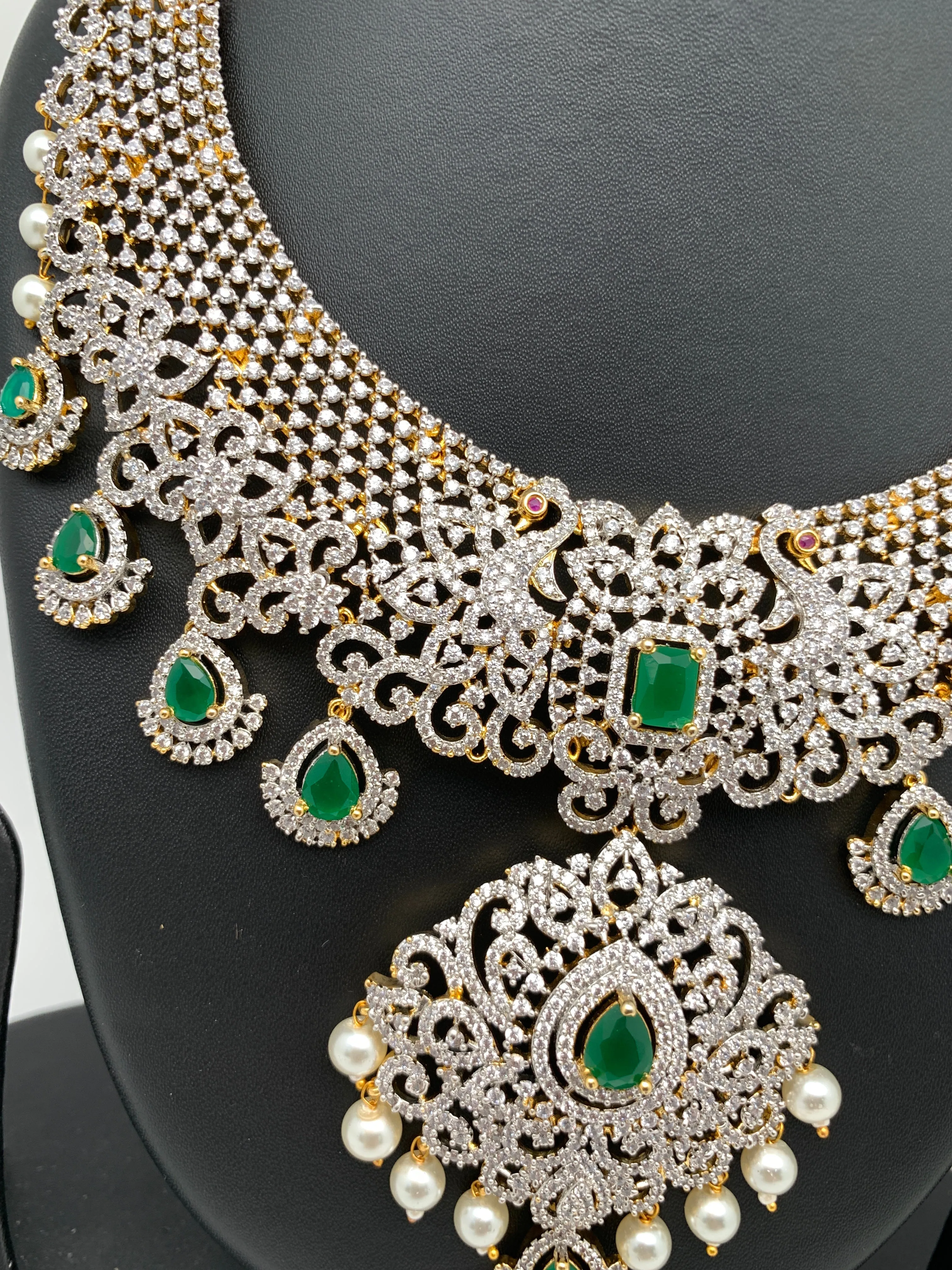 AD Emerald Green Stone Peacock Design Dual Tone Short Necklace