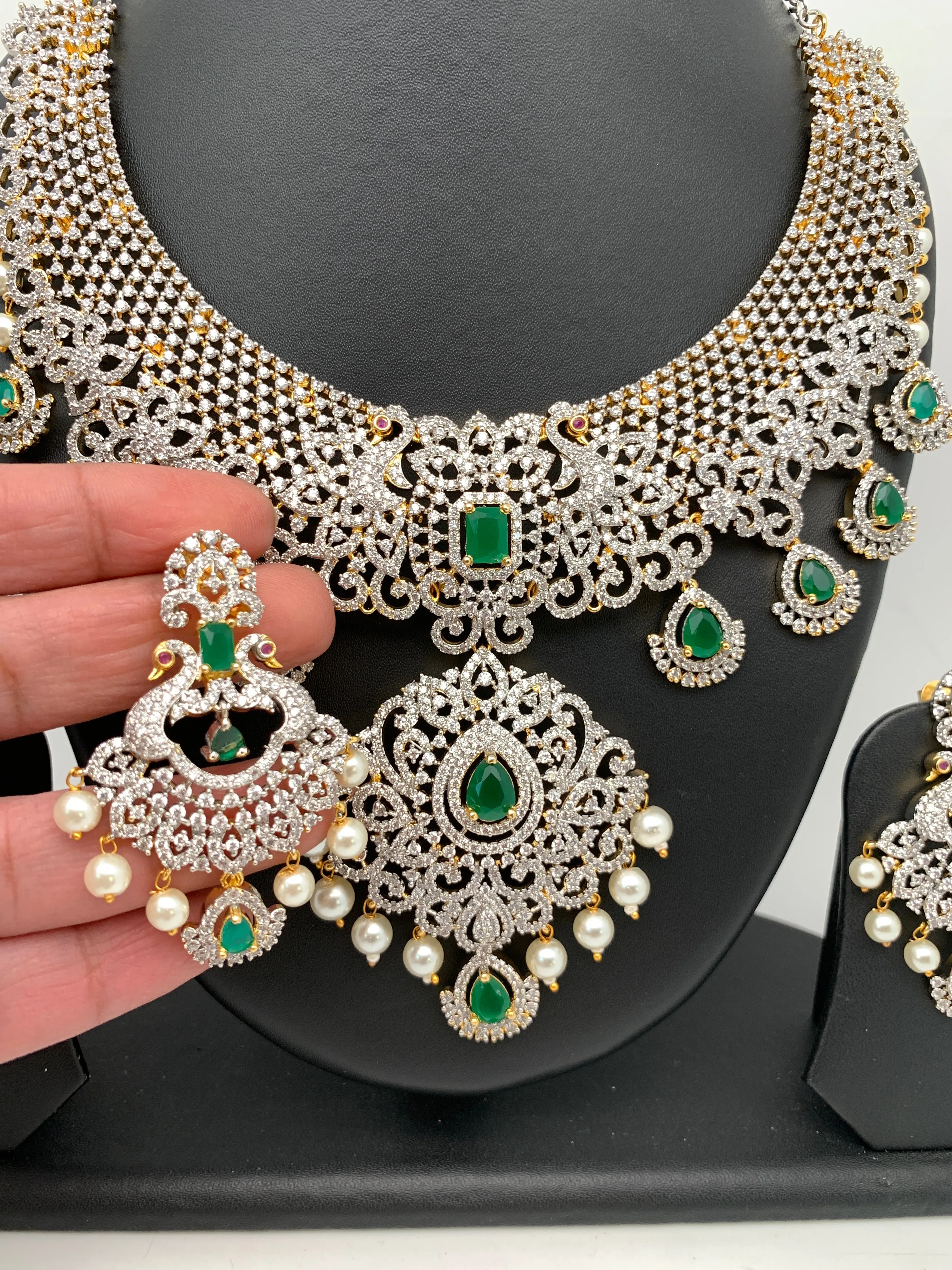 AD Emerald Green Stone Peacock Design Dual Tone Short Necklace
