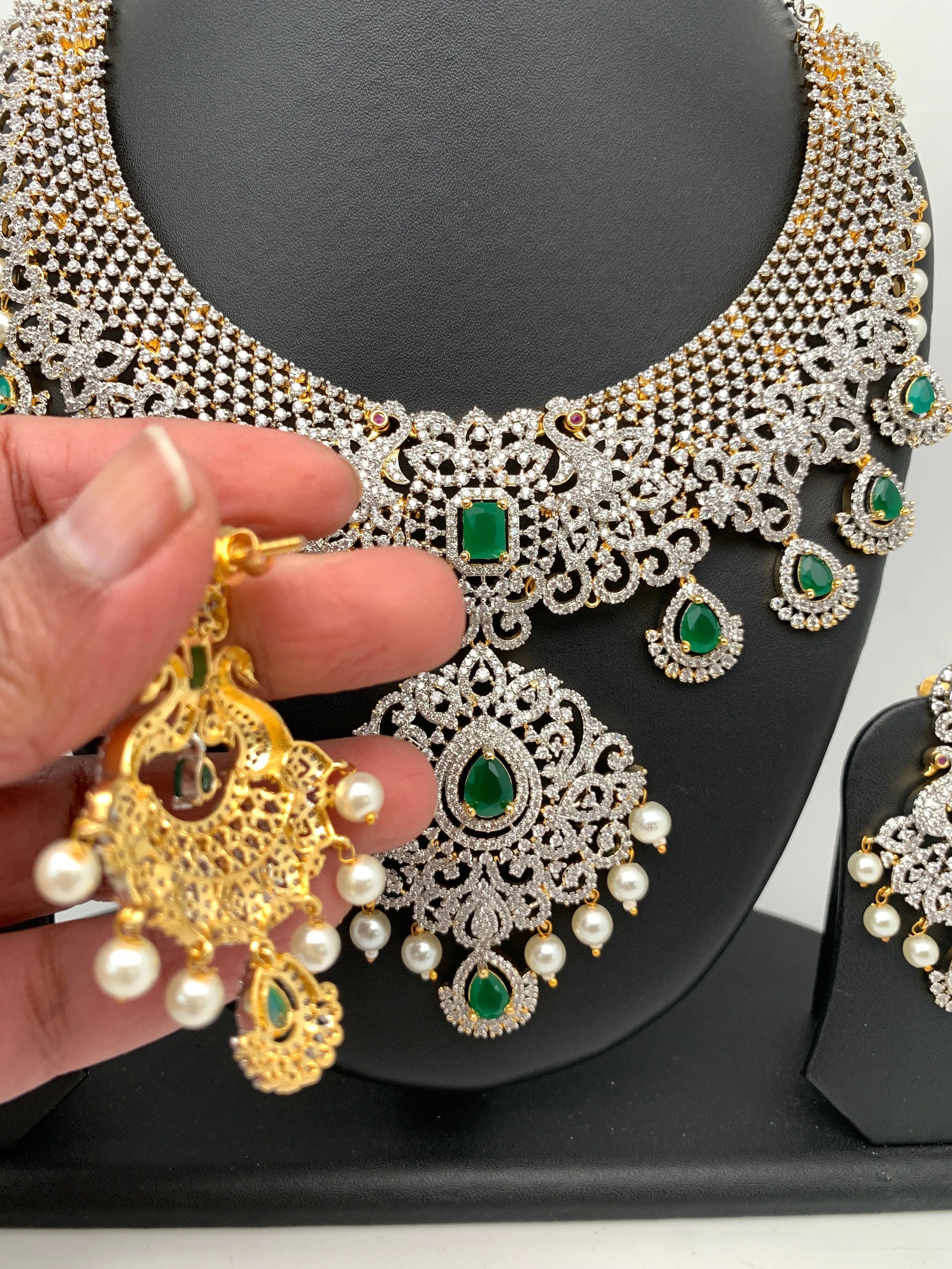 AD Emerald Green Stone Peacock Design Dual Tone Short Necklace