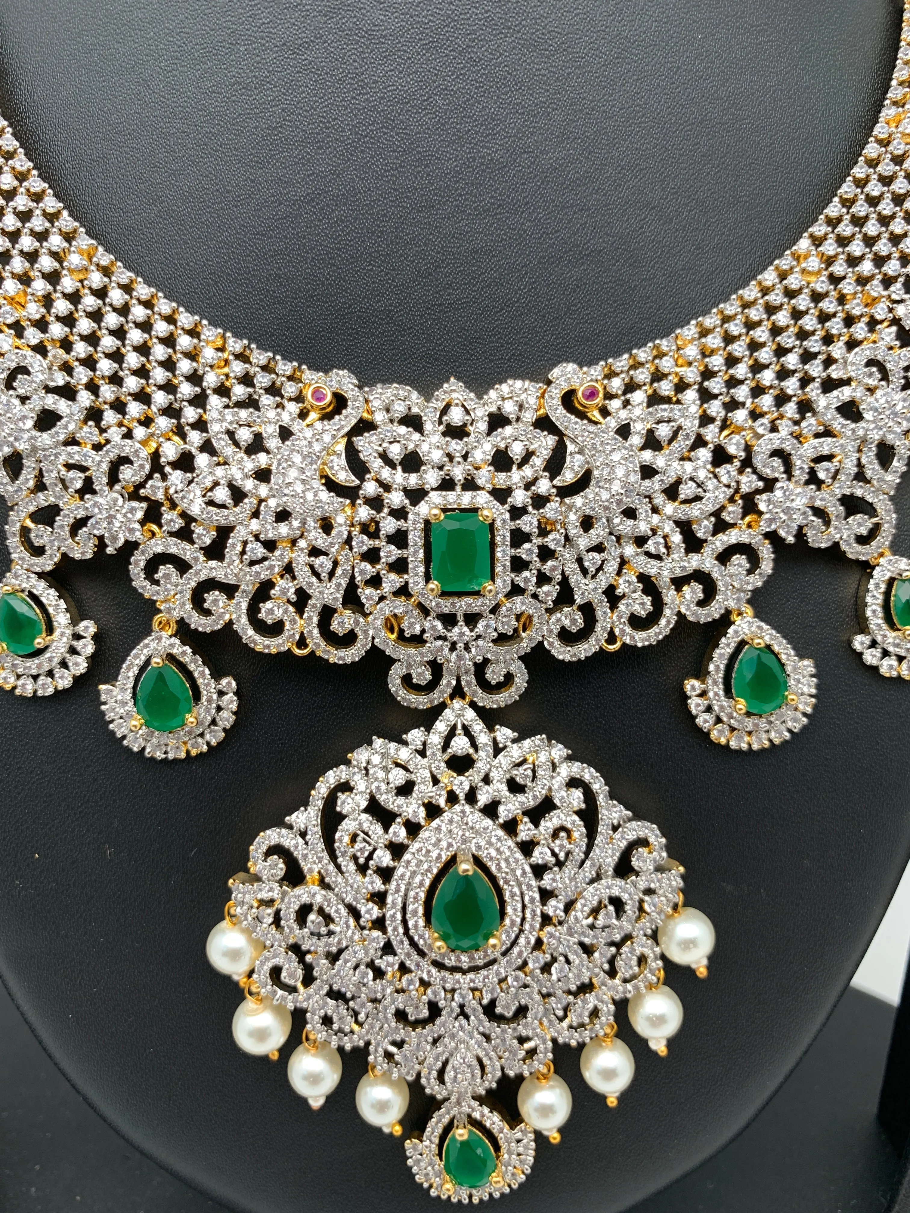 AD Emerald Green Stone Peacock Design Dual Tone Short Necklace
