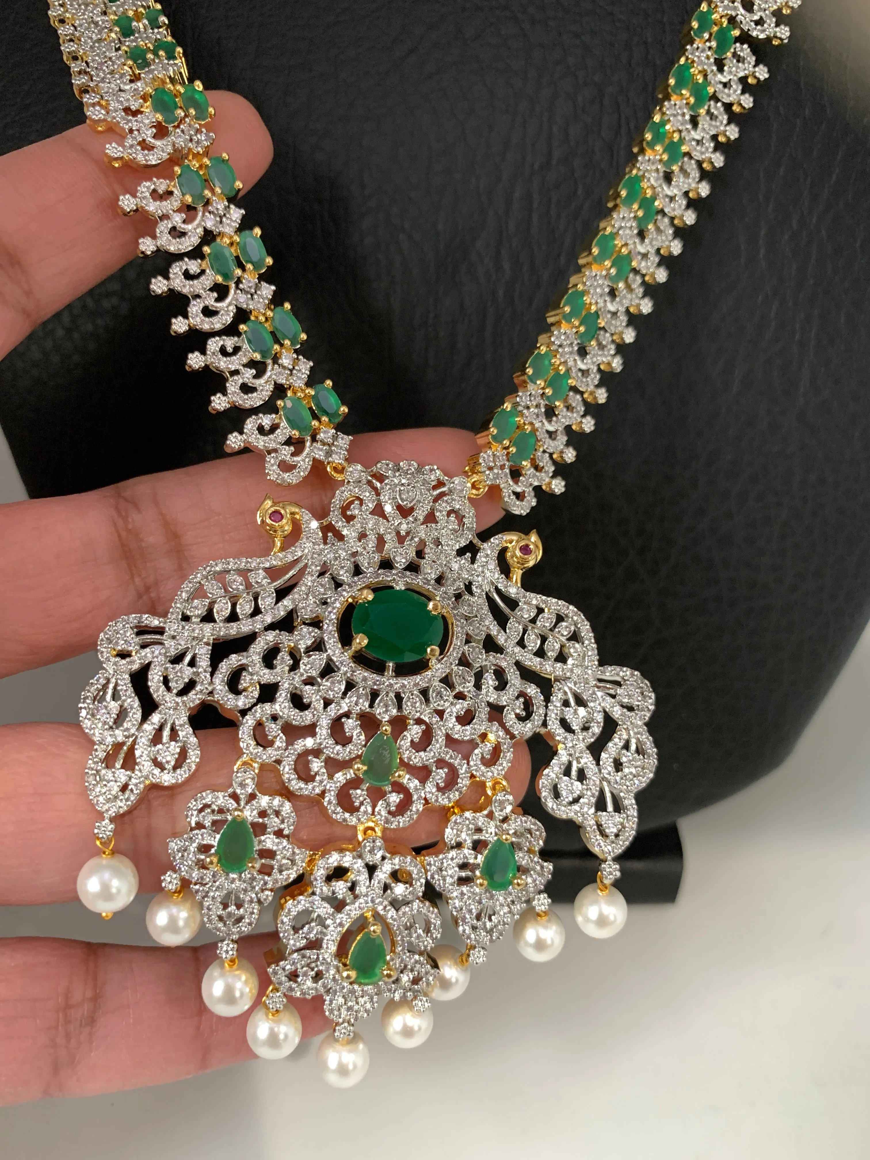 AD Emerald Green Stone Peacock Design Long Necklace