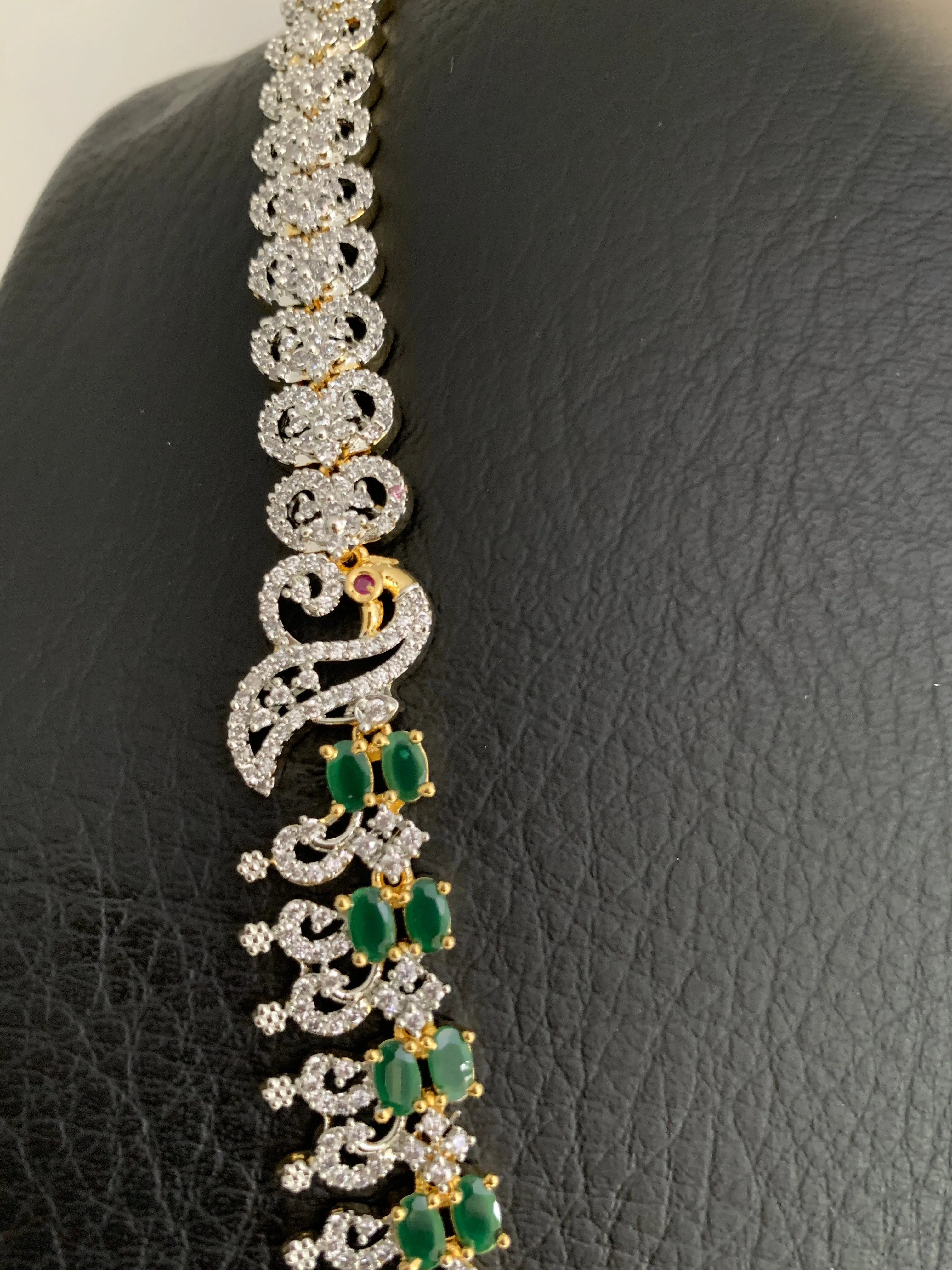 AD Emerald Green Stone Peacock Design Long Necklace
