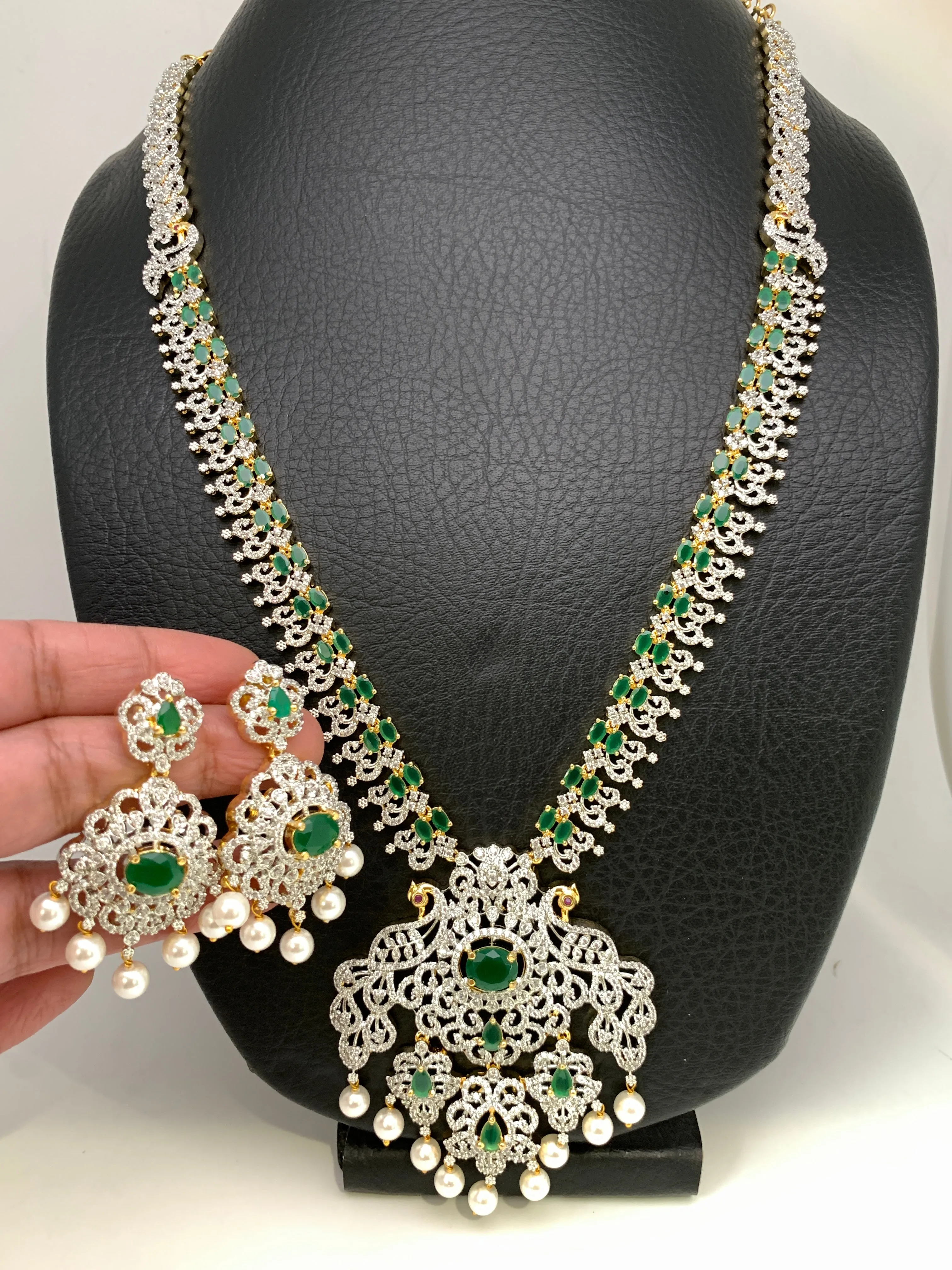 AD Emerald Green Stone Peacock Design Long Necklace