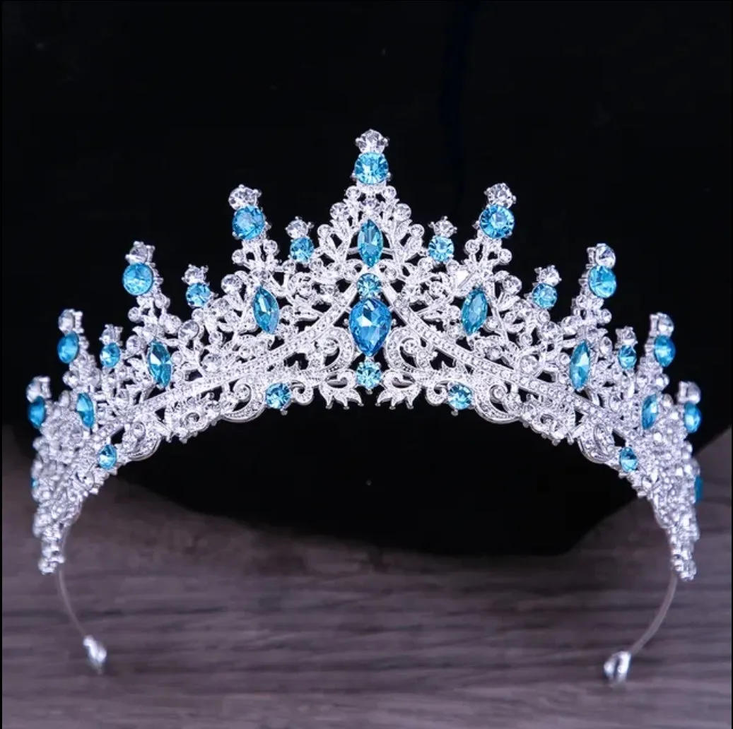 Aqua Blue Crystal Silver Tiara Crown Detail Princess Queen headdress diadem bridal wedding