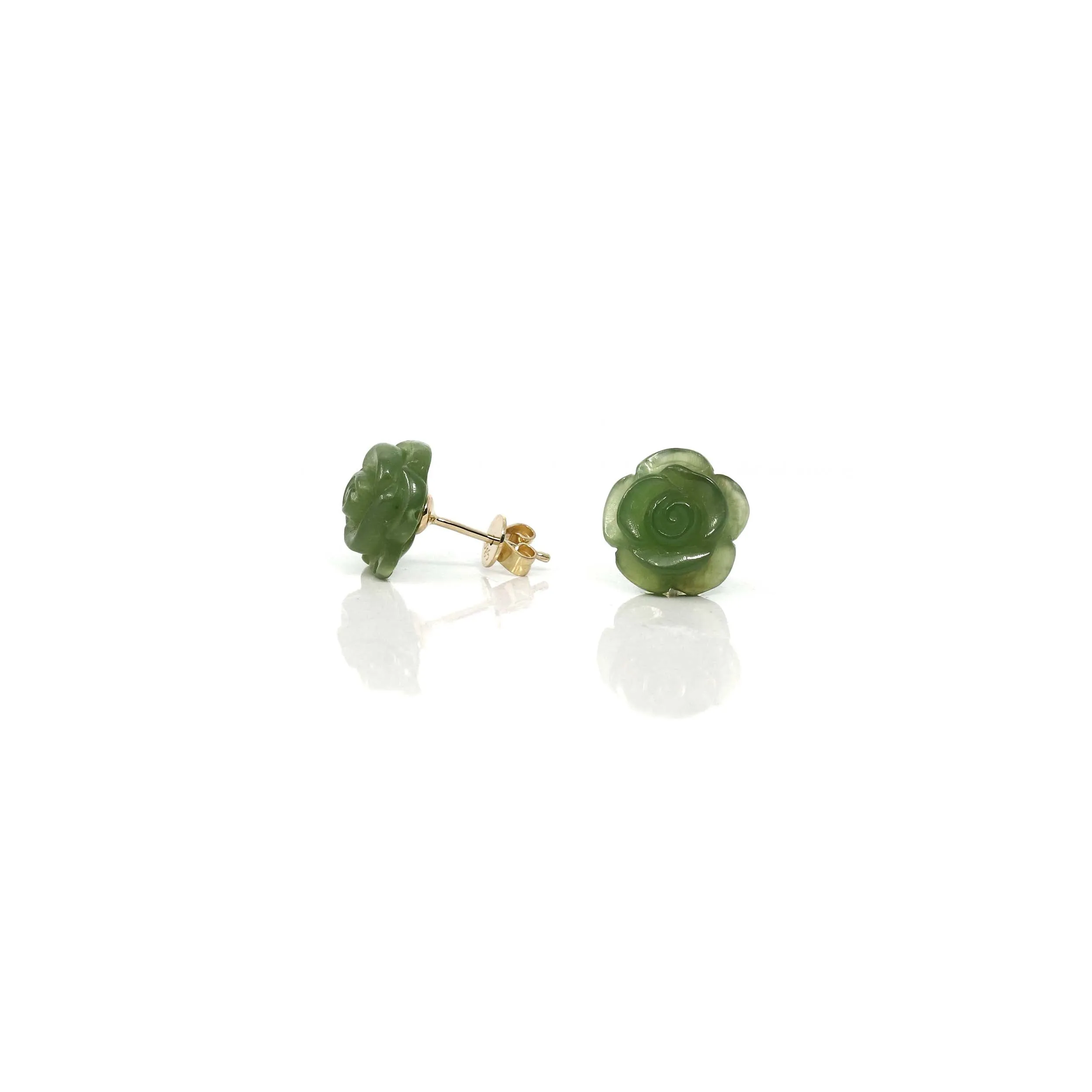 Baikalla™ "Rose Flowers" 14k Solid Gold Real Green Jade Rose Flower Earrings