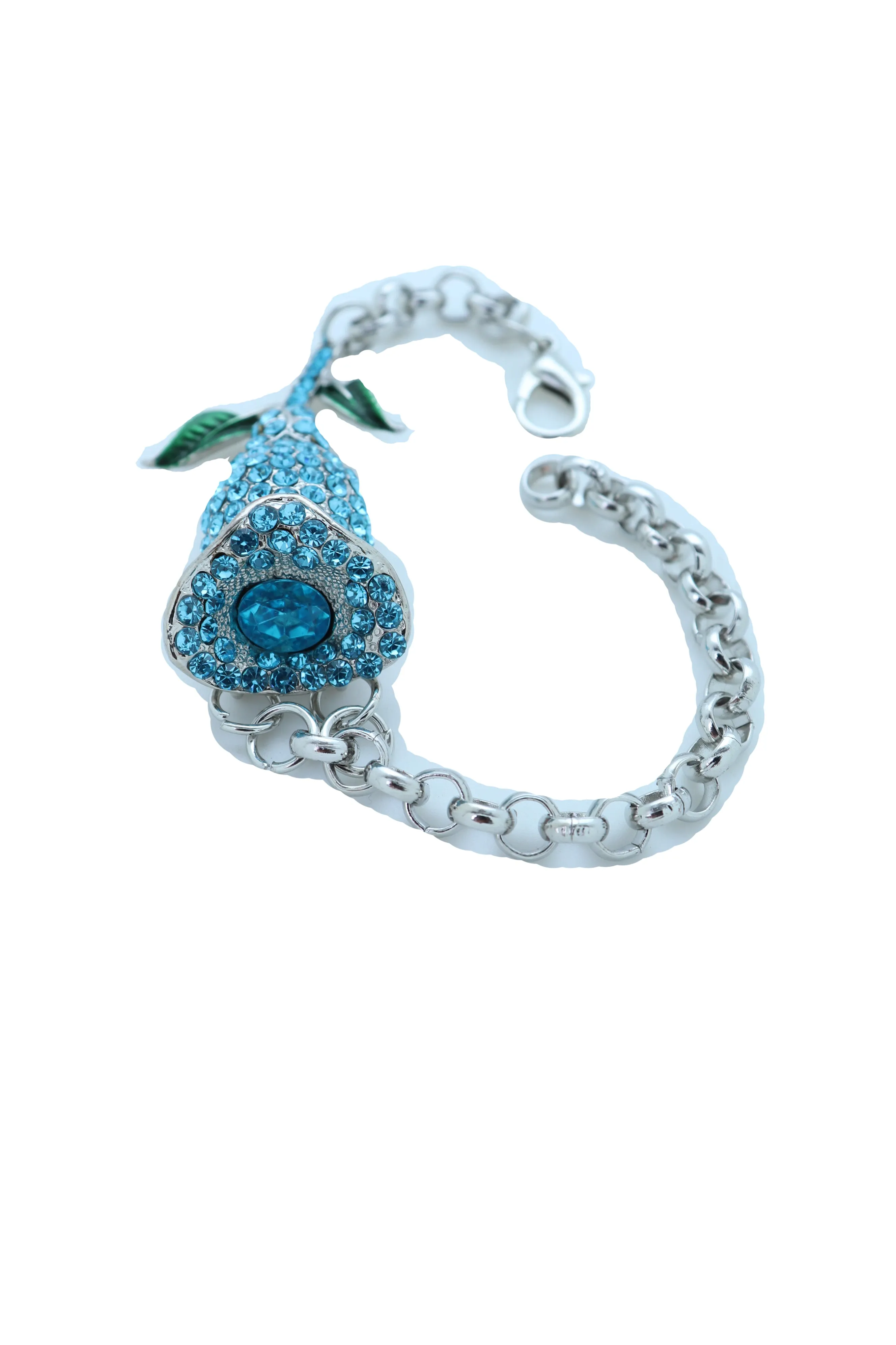 Bracelet Silver Metal Chain Turquoise Blue Flower Wedding