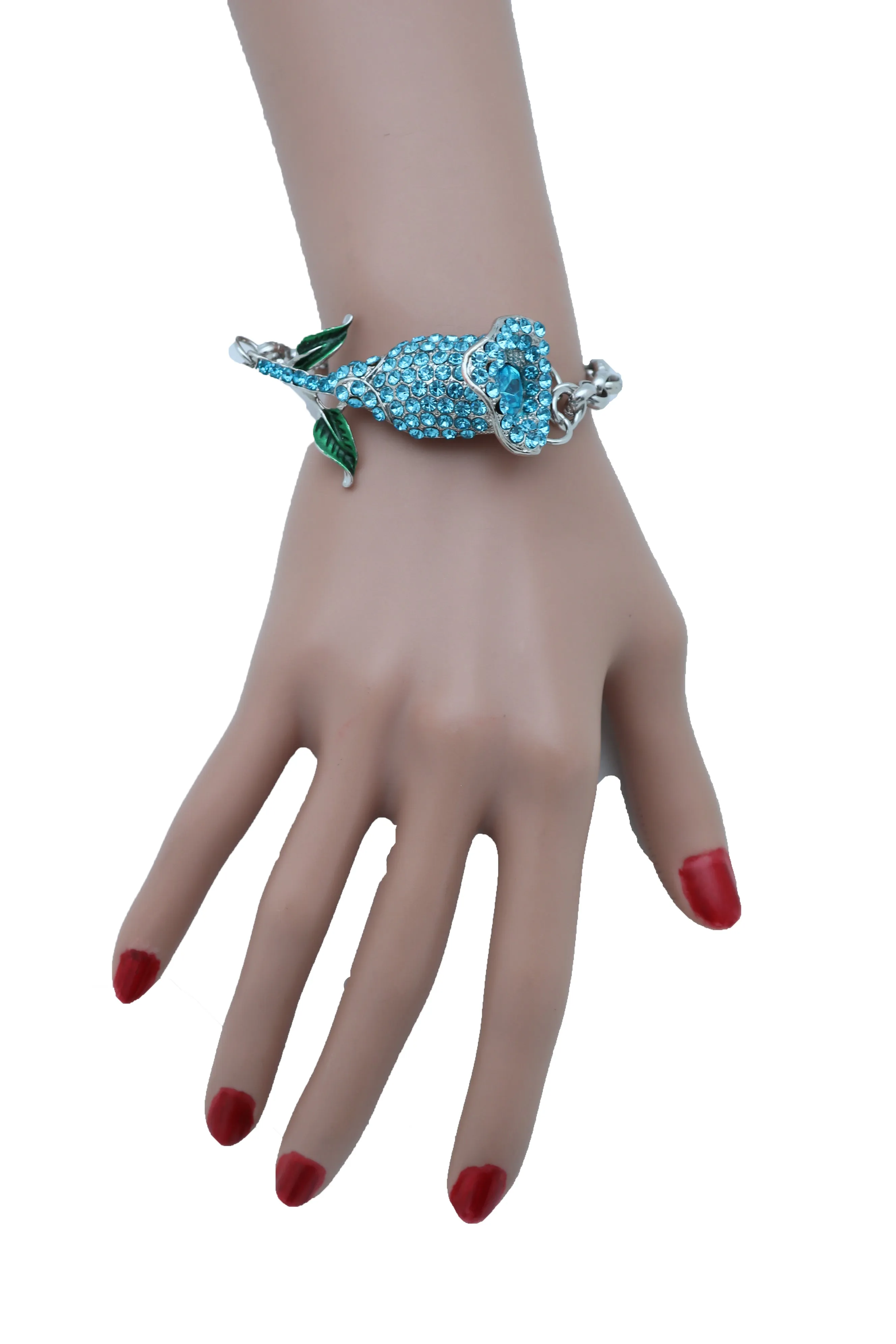 Bracelet Silver Metal Chain Turquoise Blue Flower Wedding