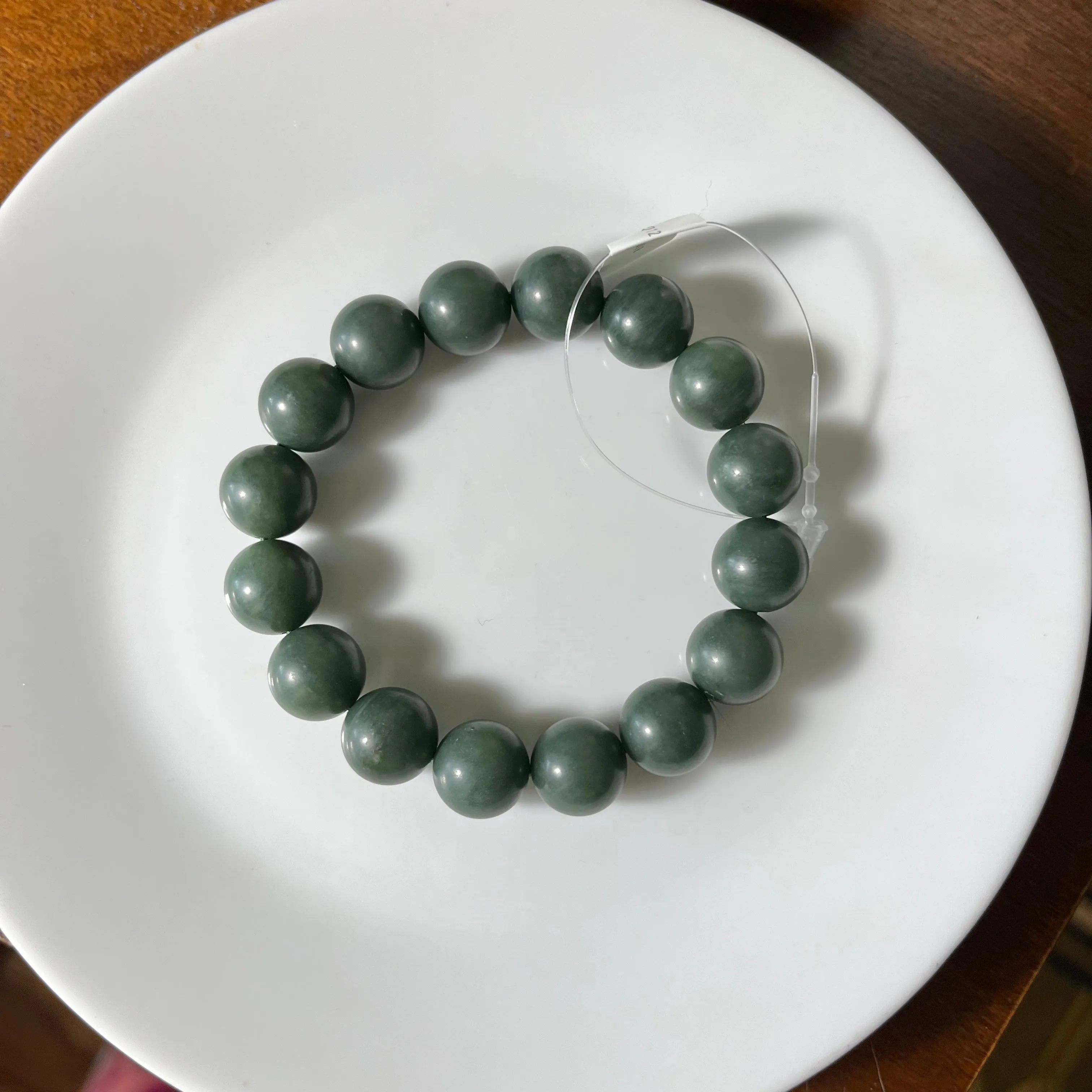 Certified Qinghai Green Hetian Jade nephrite jade Bracelet - 12 mm beads 6.75 inches