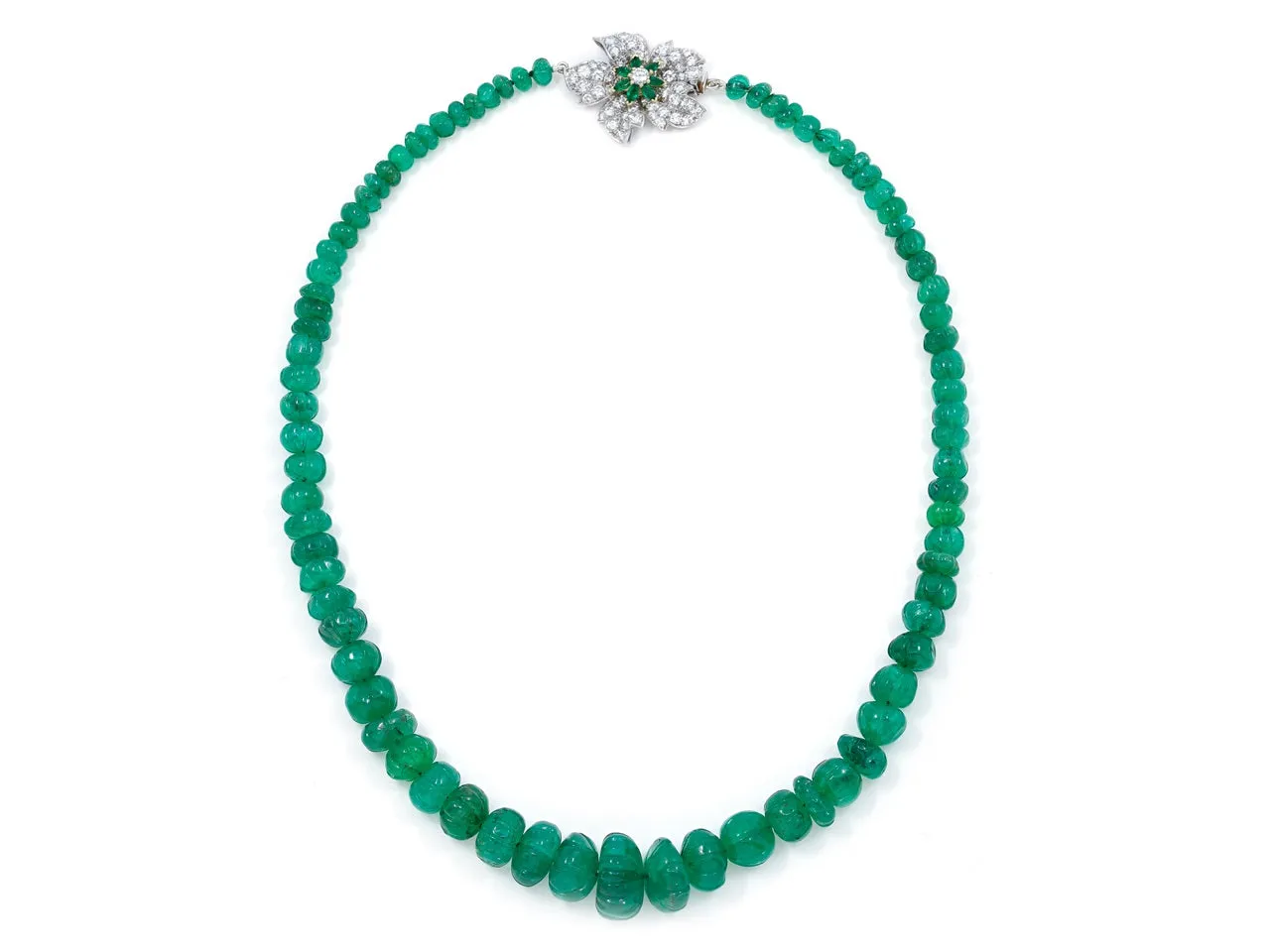 Emerald Bead Necklace with Diamond Flower Clasp in Platinum