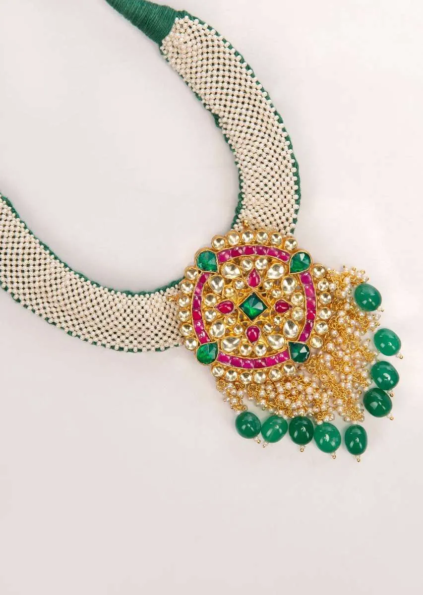 Emerald green thread necklace set with jadau pendant only on Kalki