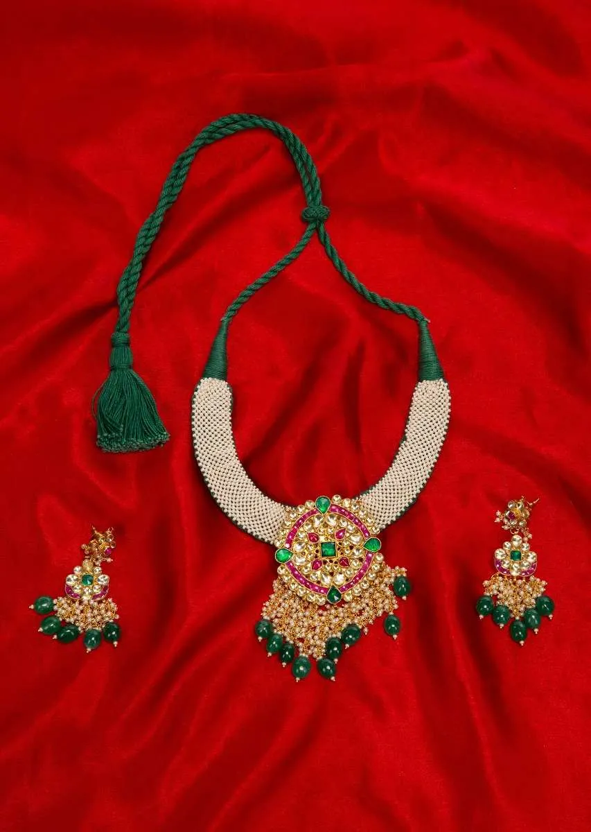 Emerald green thread necklace set with jadau pendant only on Kalki