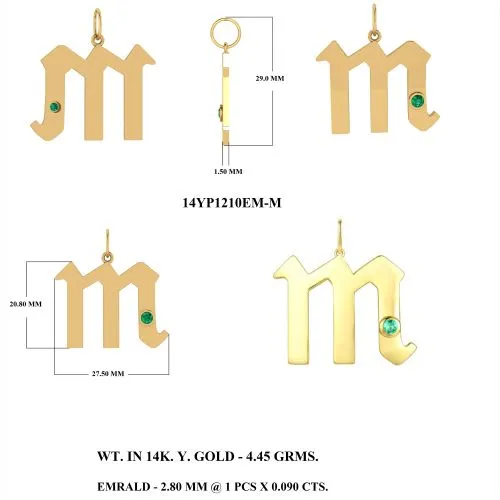 Emerald 'M' Letter Pendant