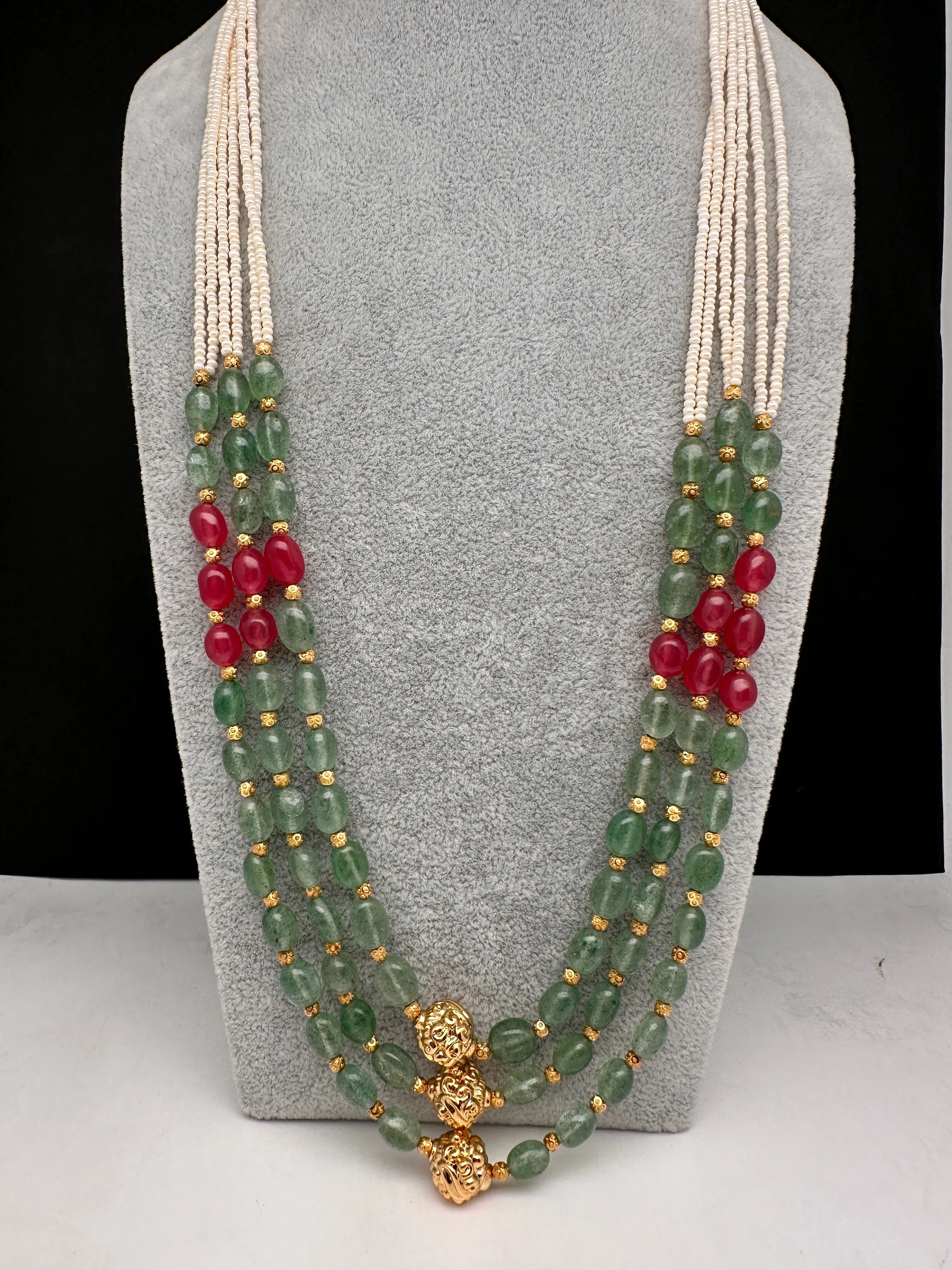 Emerald Ruby Pearls Nakshi Multi Layer Necklace