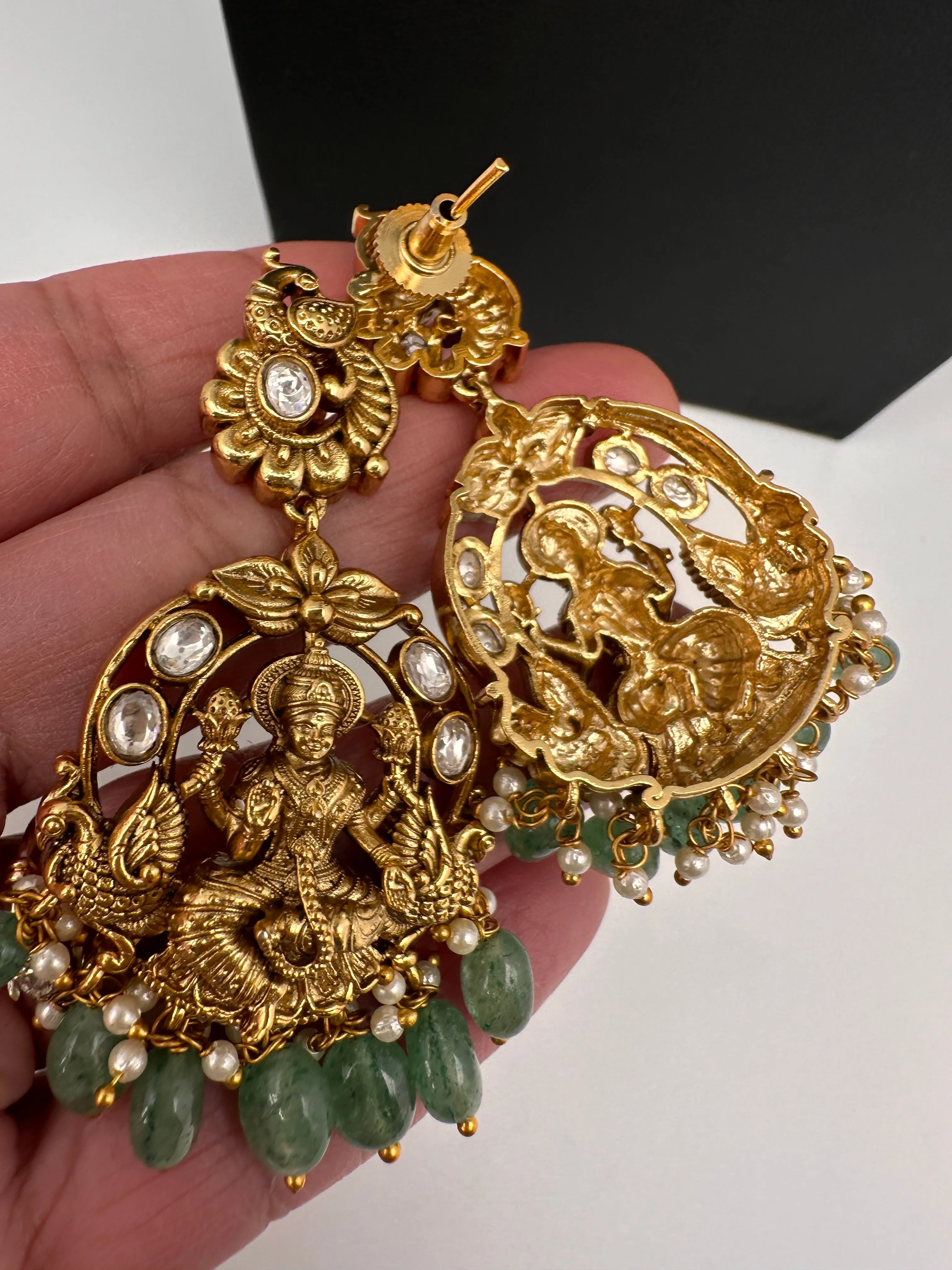 Goddess Lakshmi CZ KundanStone Matte Finish Neckline Nakshi Necklace Set