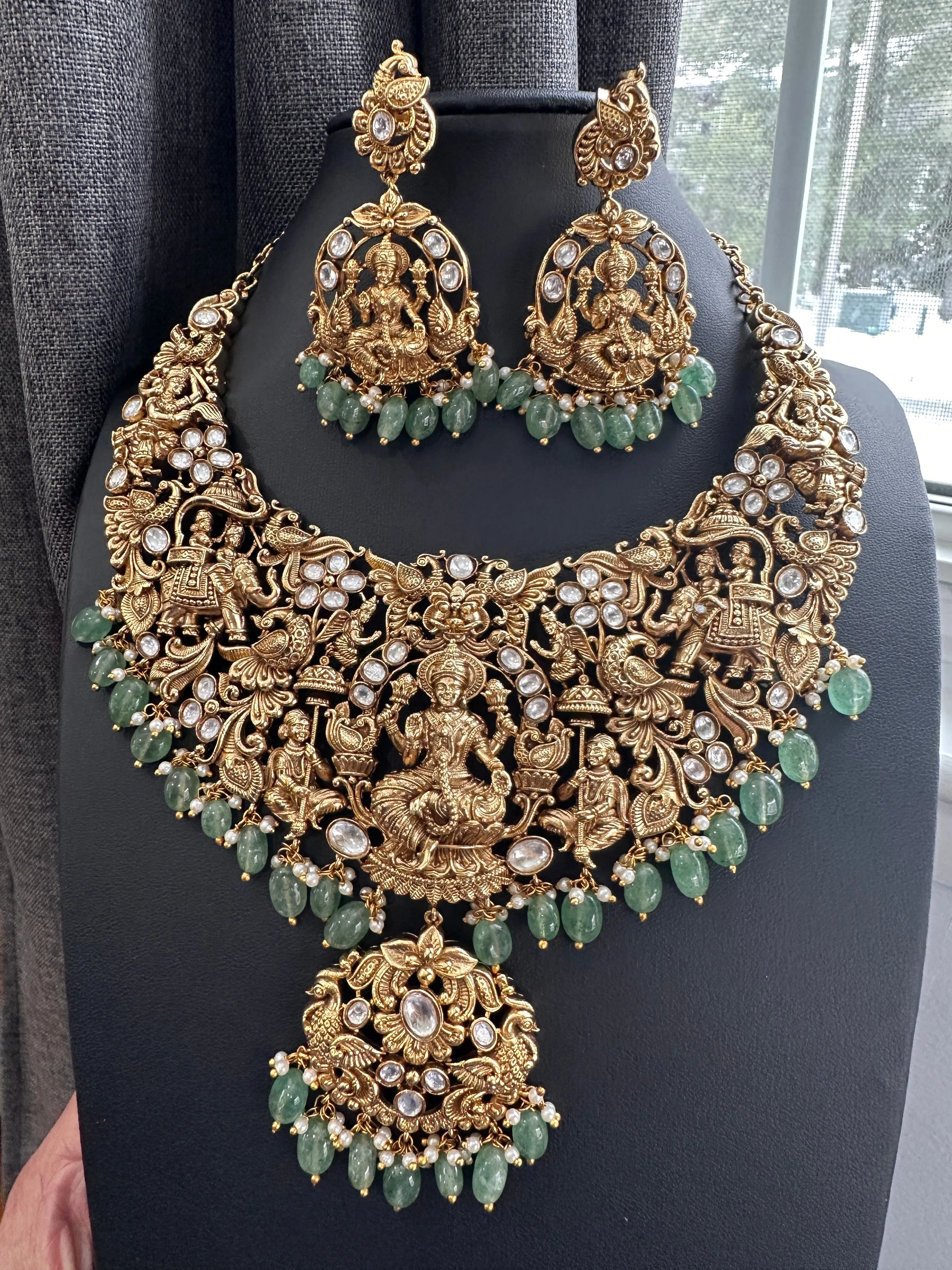 Goddess Lakshmi CZ KundanStone Matte Finish Neckline Nakshi Necklace Set