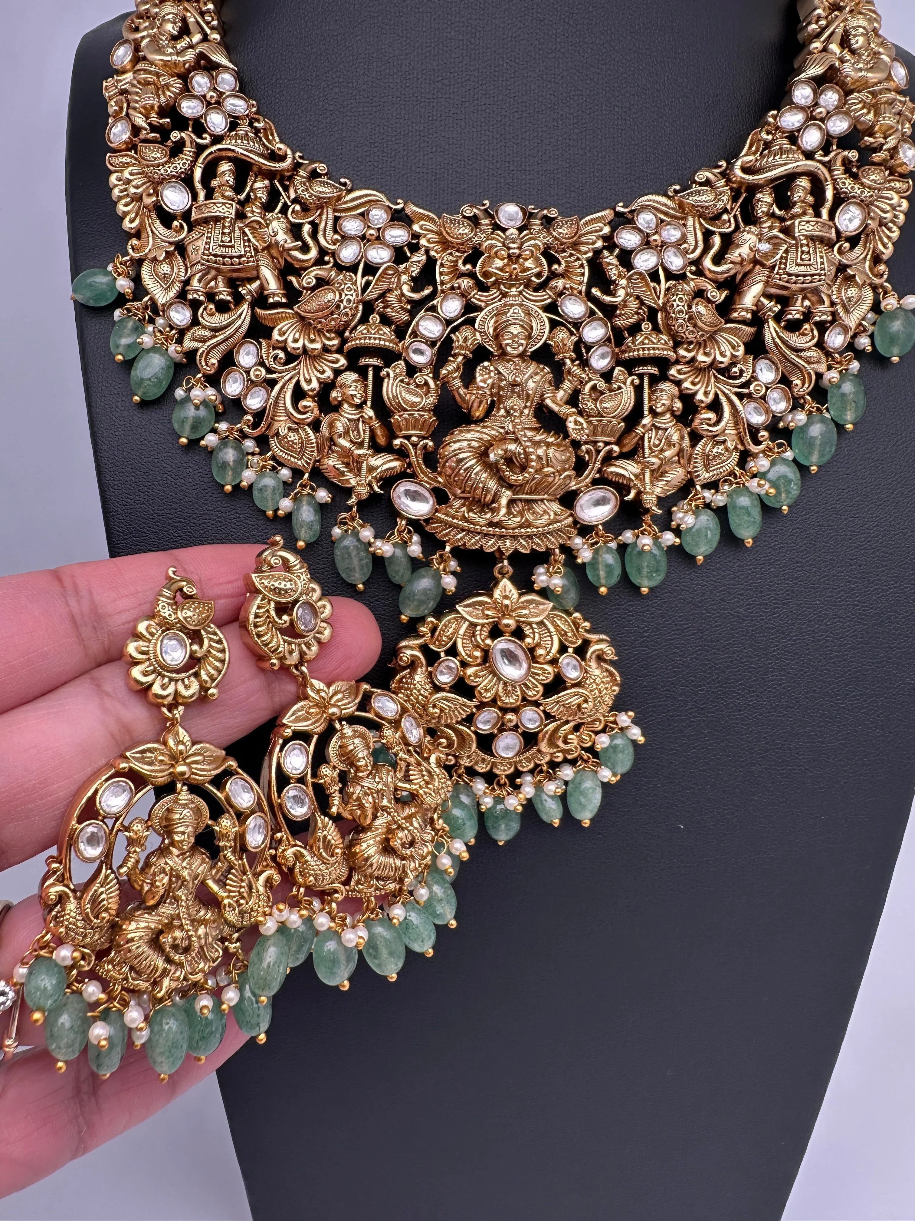 Goddess Lakshmi CZ KundanStone Matte Finish Neckline Nakshi Necklace Set