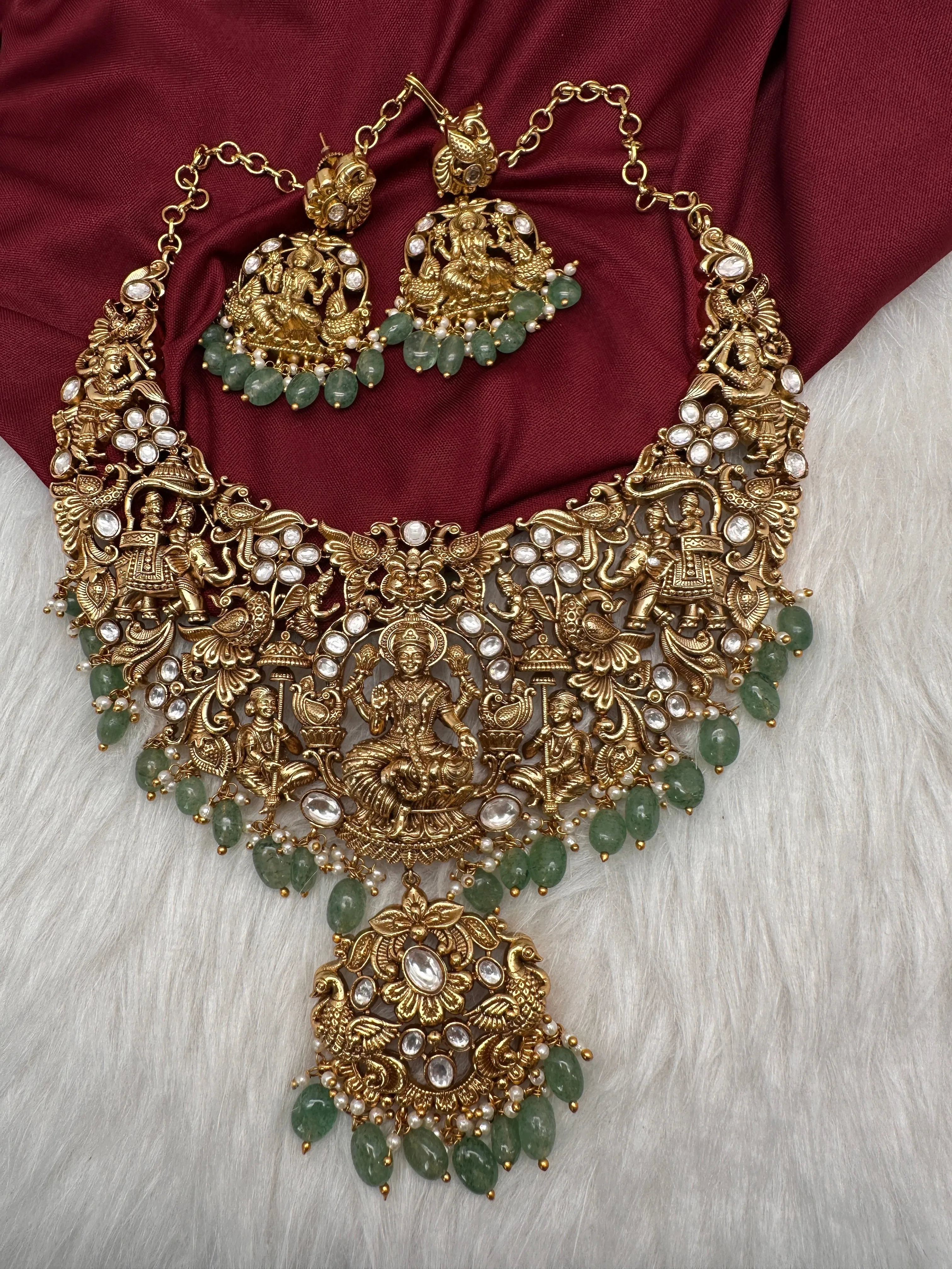Goddess Lakshmi CZ KundanStone Matte Finish Neckline Nakshi Necklace Set