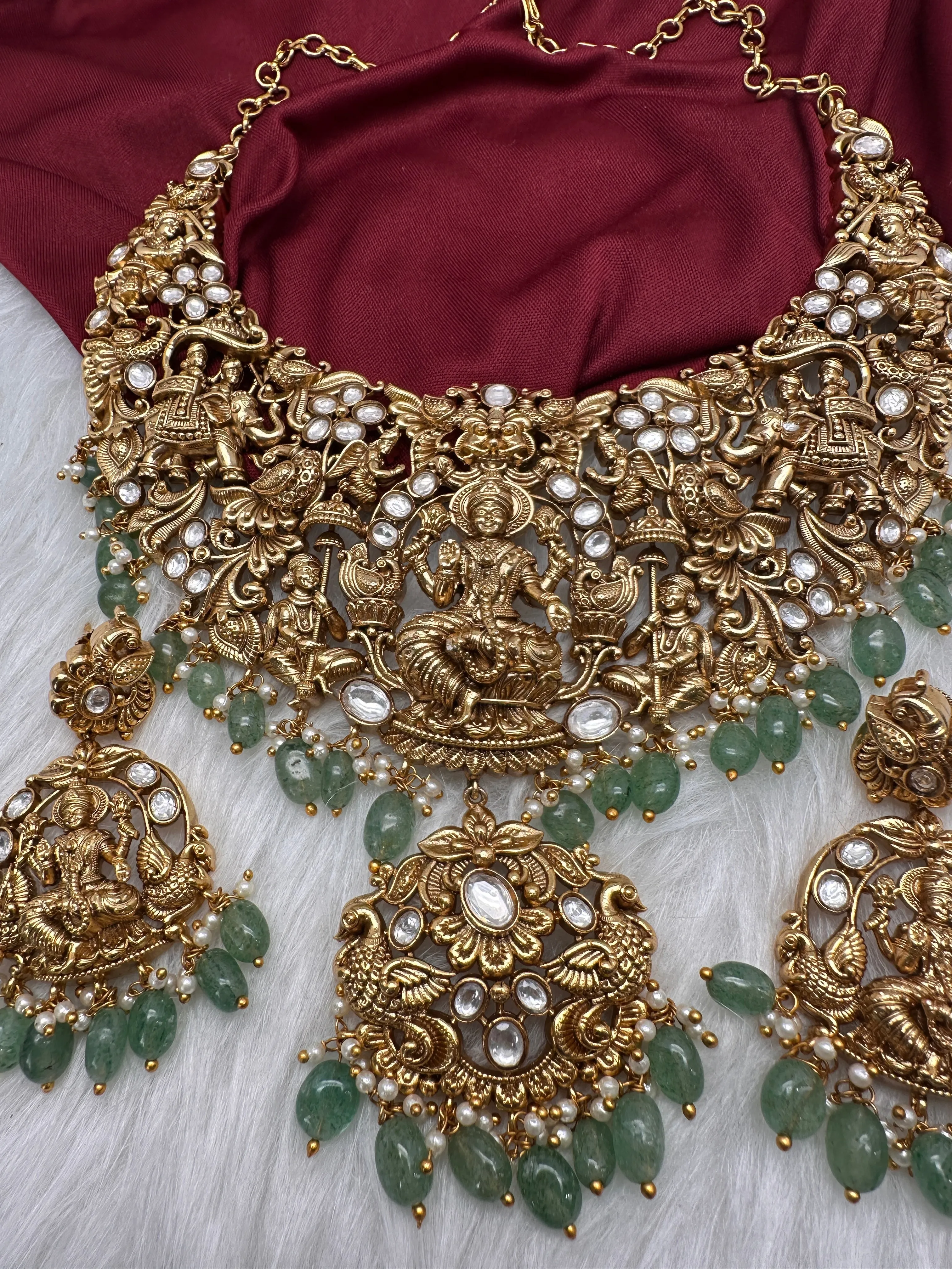Goddess Lakshmi CZ KundanStone Matte Finish Neckline Nakshi Necklace Set