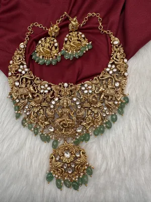 Goddess Lakshmi CZ KundanStone Matte Finish Neckline Nakshi Necklace Set