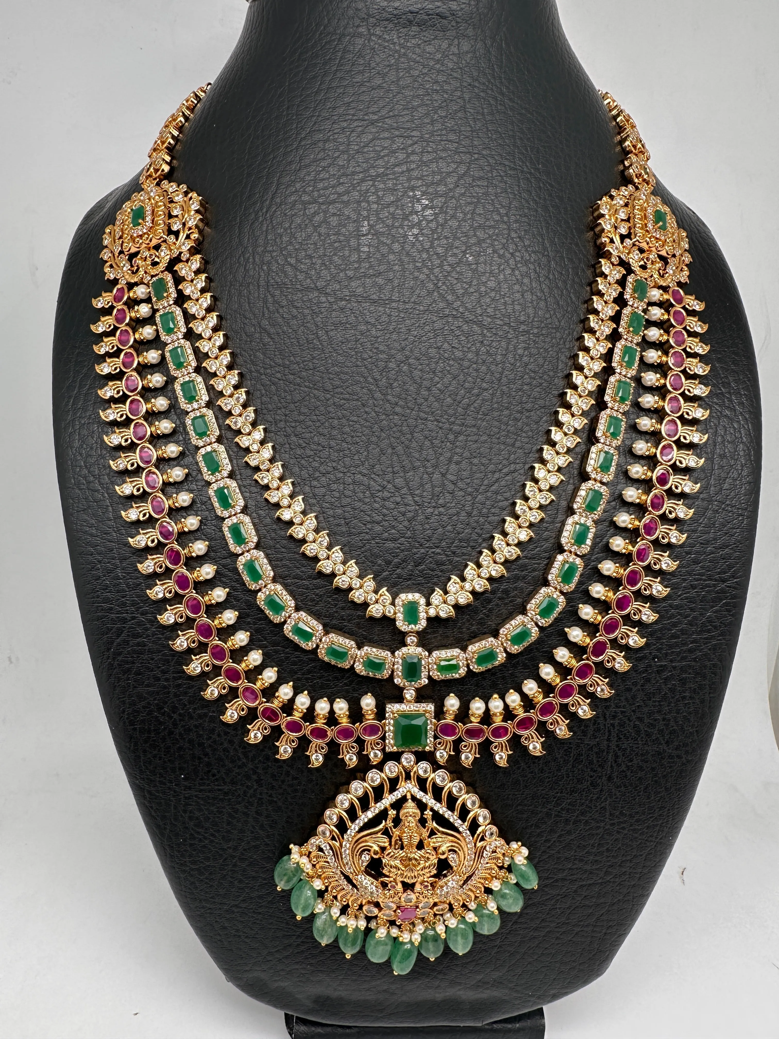 Goddess Lakshmi CZ Red Green Stone Multi Layer Emerald Green beads Necklace