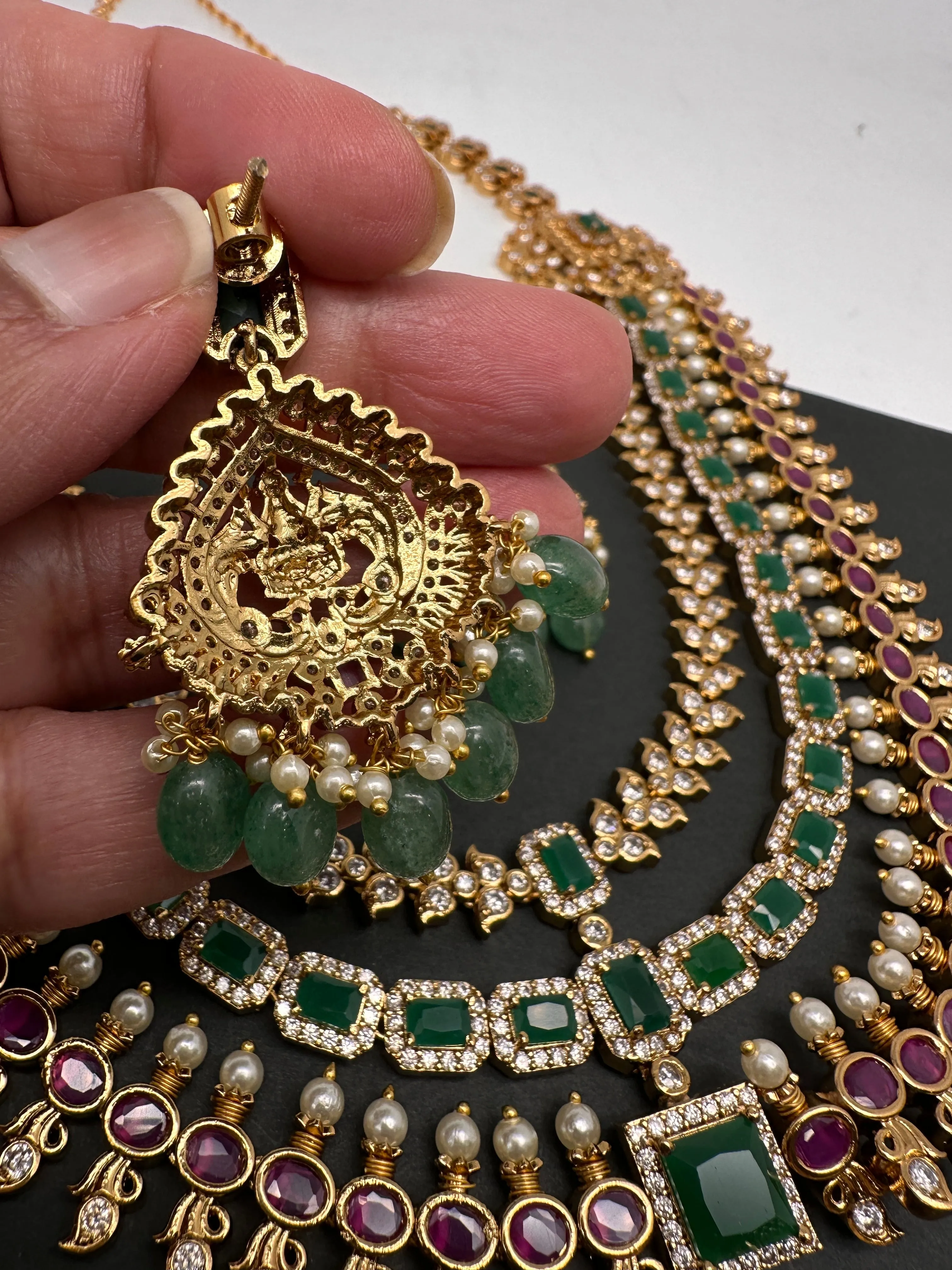 Goddess Lakshmi CZ Red Green Stone Multi Layer Emerald Green beads Necklace