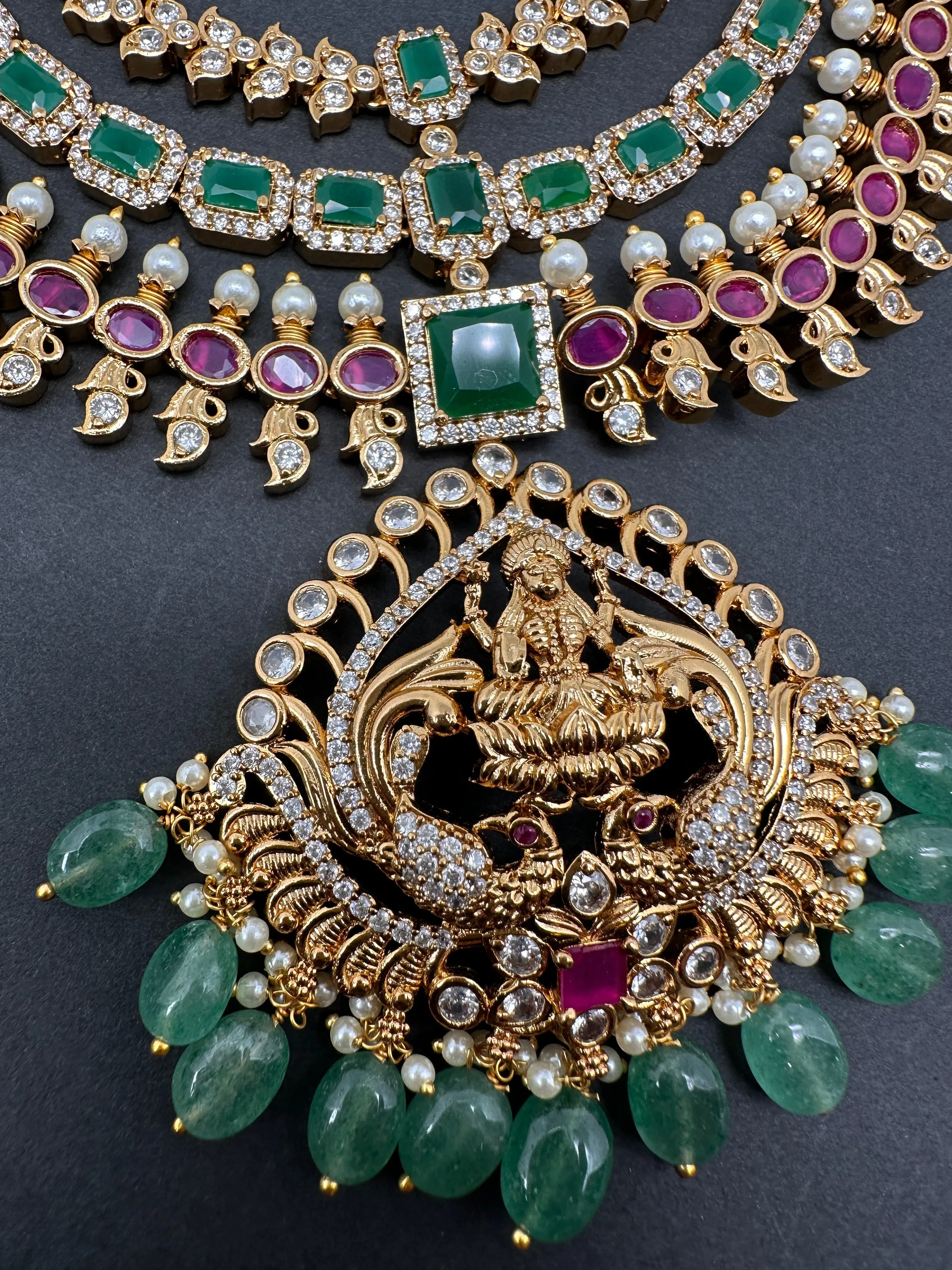 Goddess Lakshmi CZ Red Green Stone Multi Layer Emerald Green beads Necklace