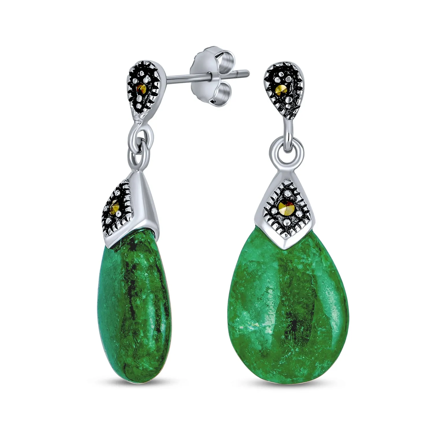 Good Fortune Marcasite Green Jade Circle Drop Earrings Sterling Silver