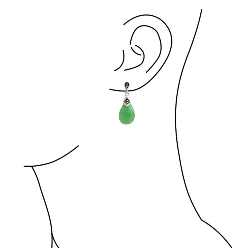 Good Fortune Marcasite Green Jade Circle Drop Earrings Sterling Silver