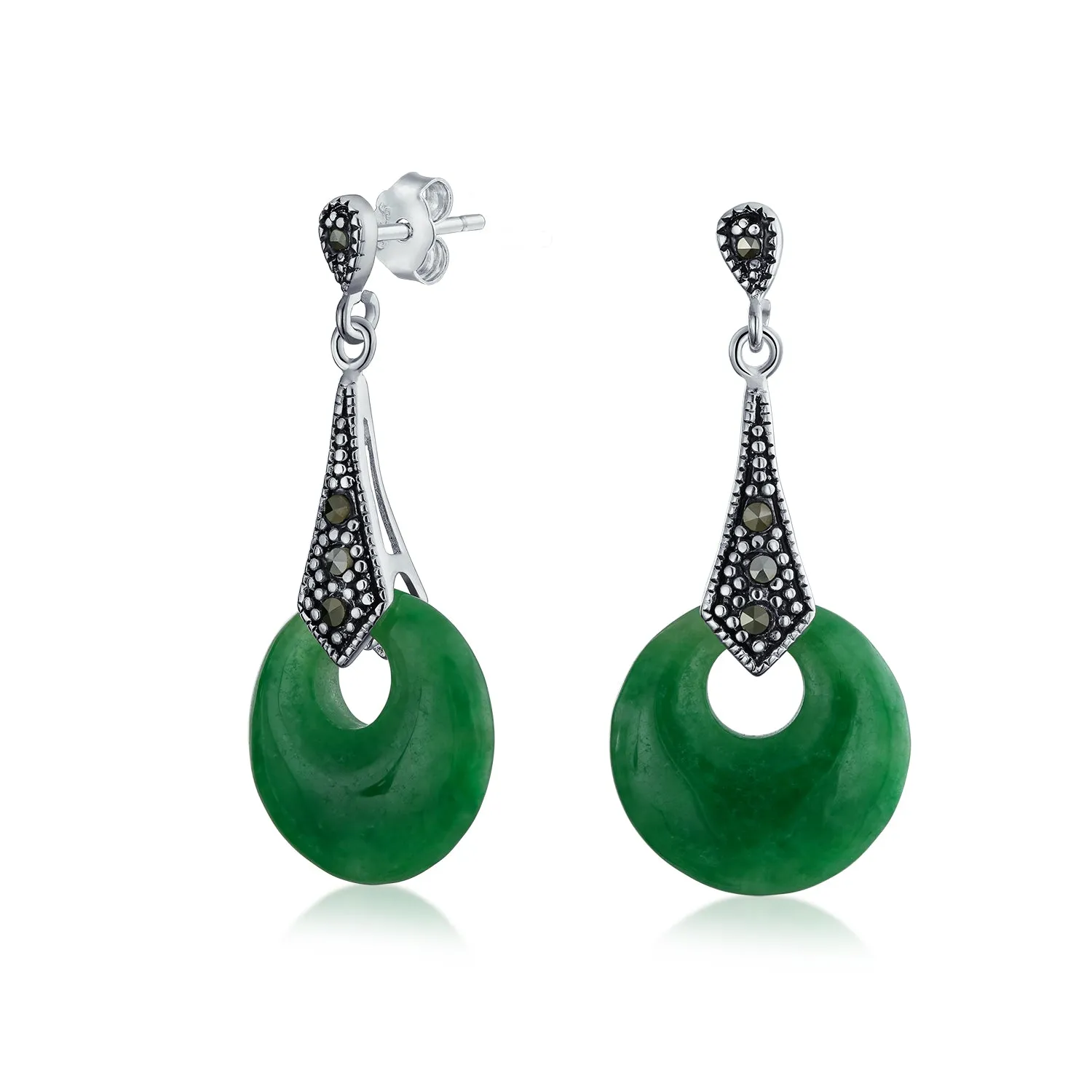 Good Fortune Marcasite Green Jade Circle Drop Earrings Sterling Silver