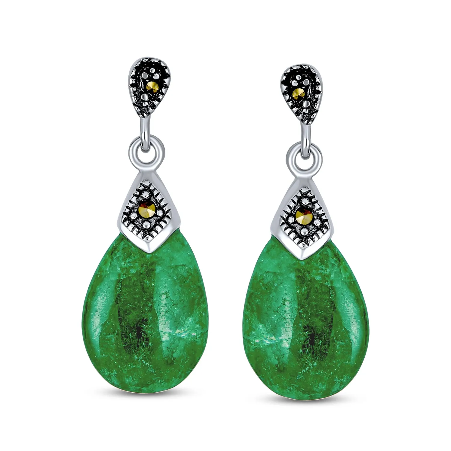 Good Fortune Marcasite Green Jade Circle Drop Earrings Sterling Silver