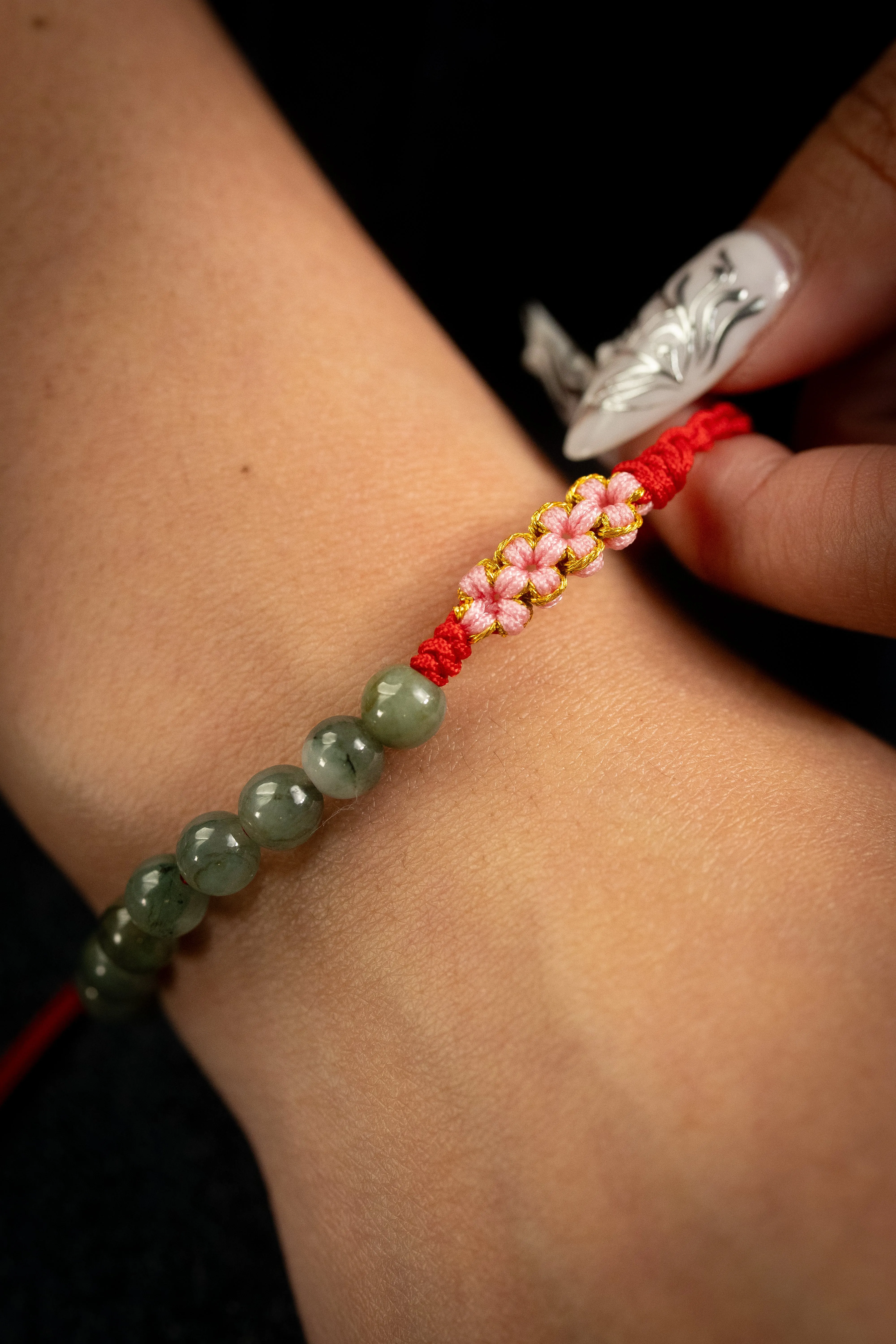 Green/White Beaded RED Rope Serene Blossom Jade Bracelet