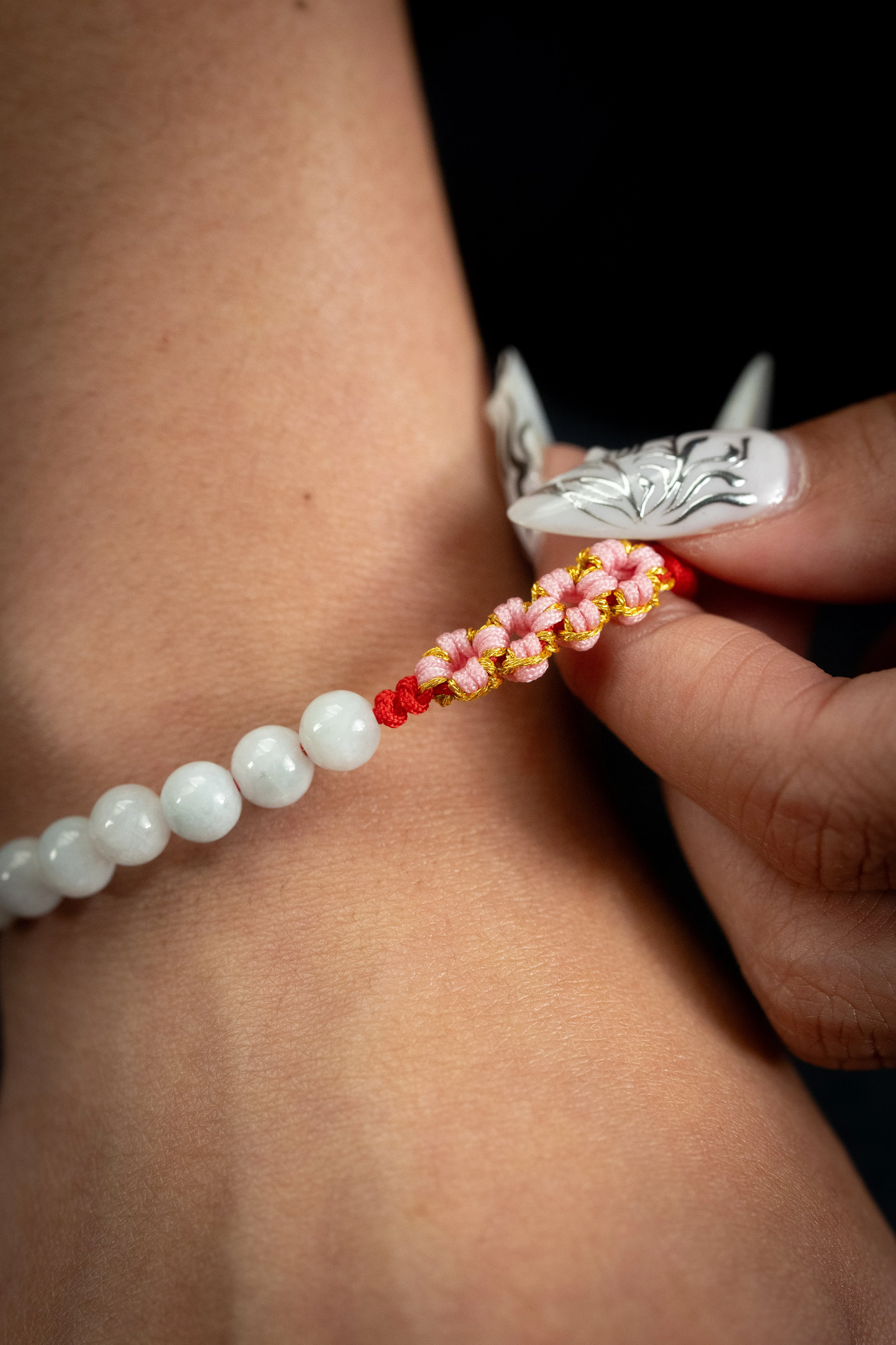 Green/White Beaded RED Rope Serene Blossom Jade Bracelet