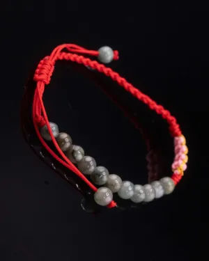 Green/White Beaded RED Rope Serene Blossom Jade Bracelet