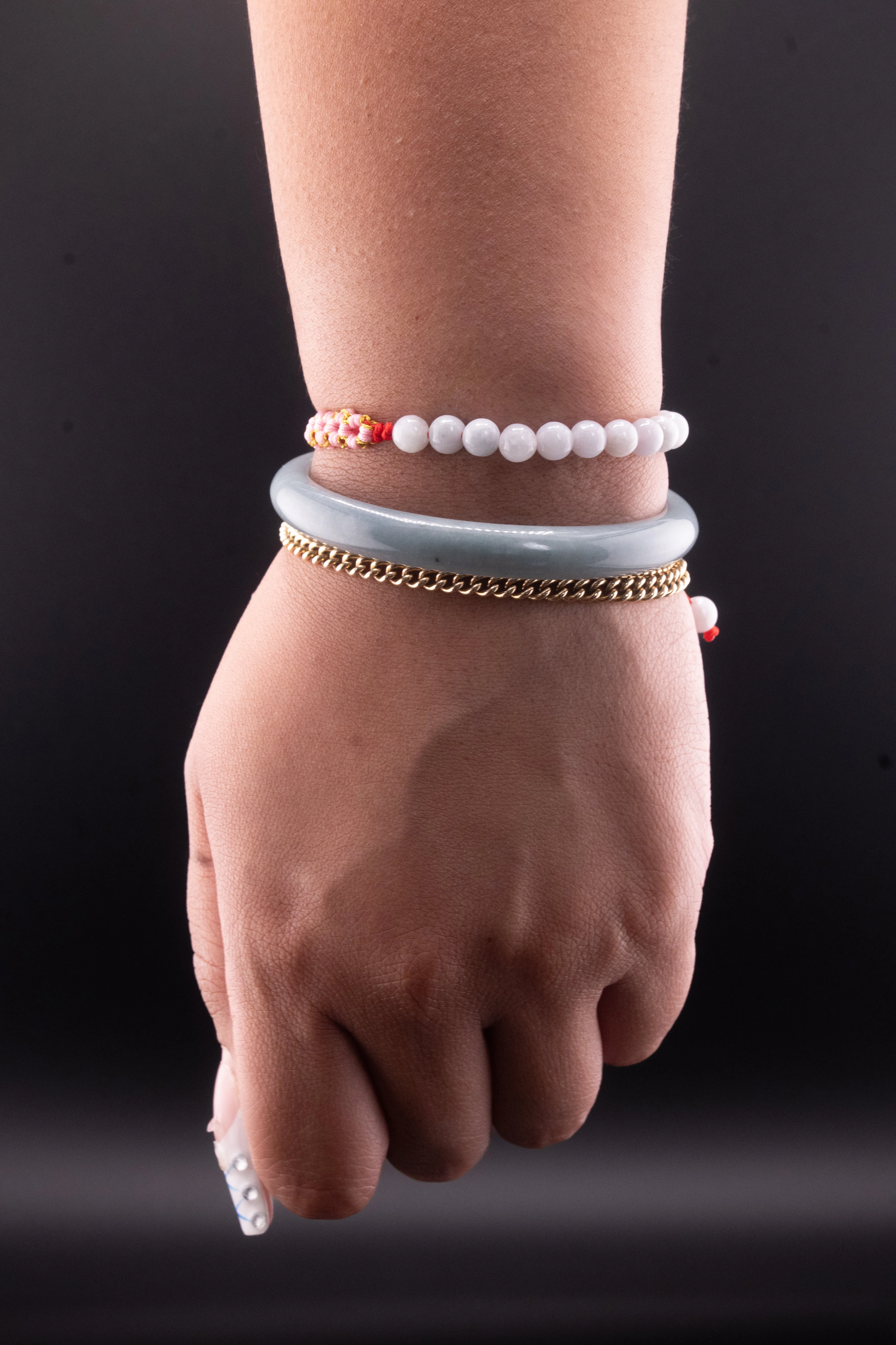 Green/White Beaded RED Rope Serene Blossom Jade Bracelet