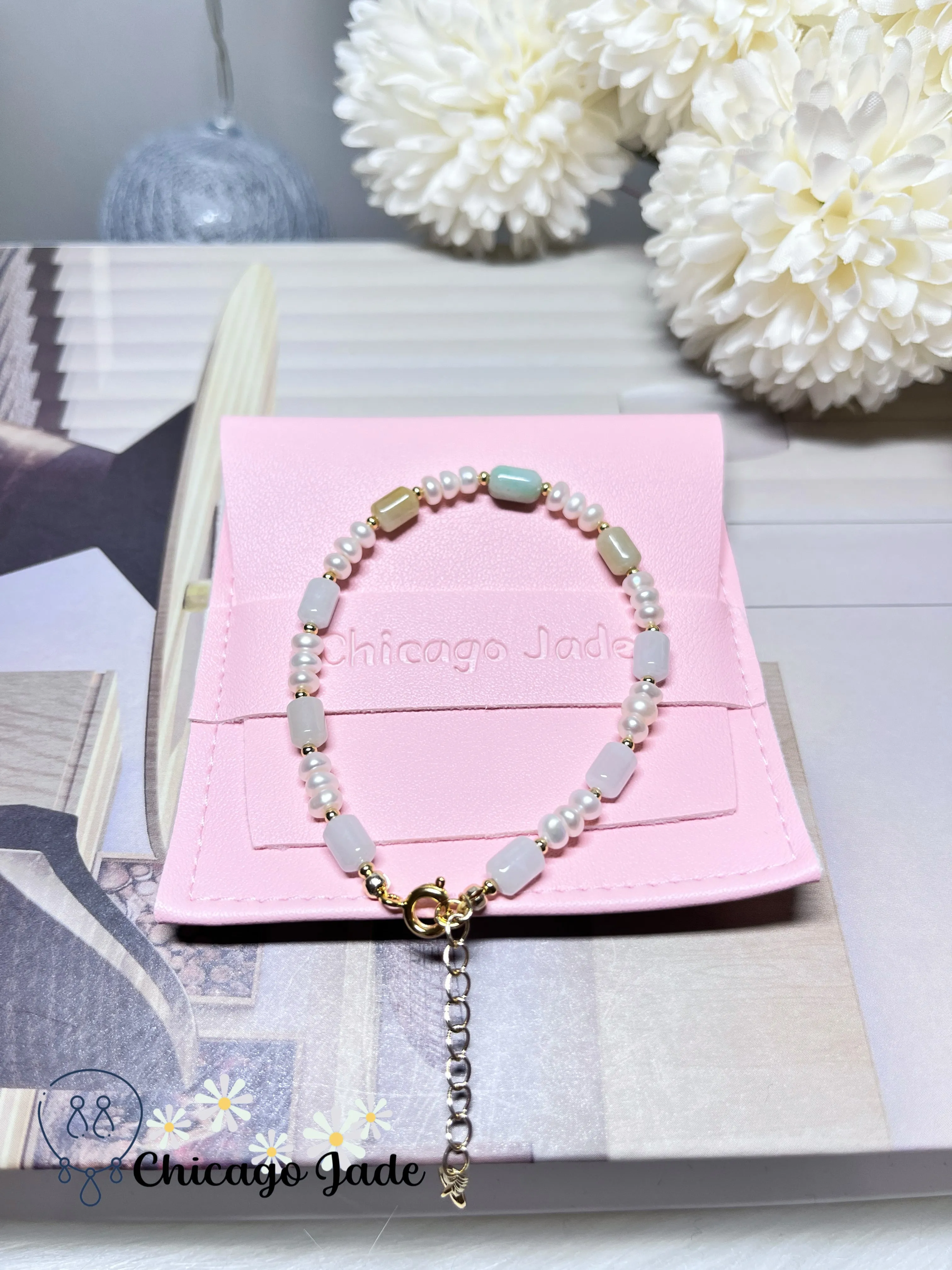Multi-Color Natural Grade A Untreated Burma Jadeite Jade Feicui with Freshwater Pearls Handmade Bracelet