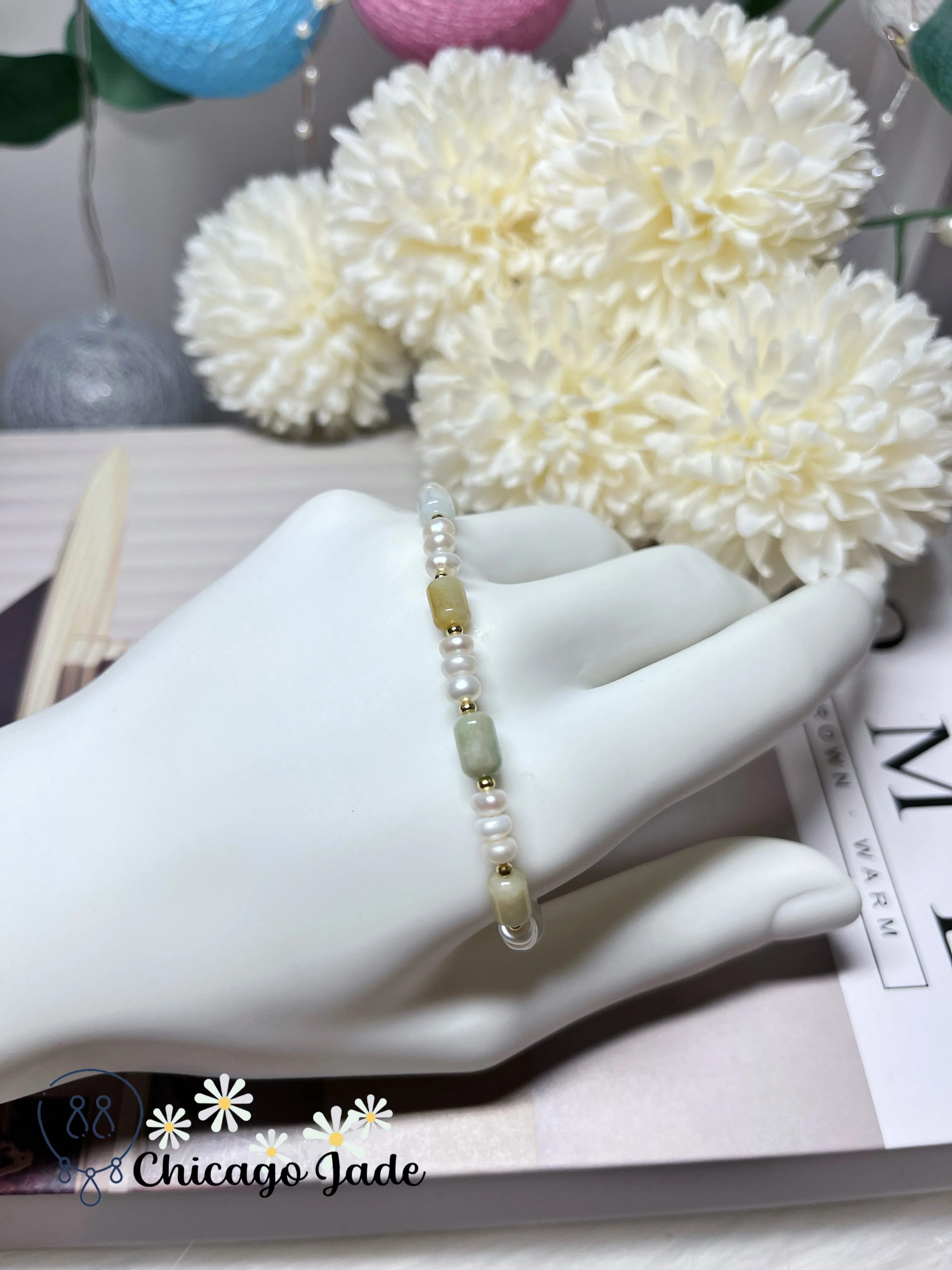 Multi-Color Natural Grade A Untreated Burma Jadeite Jade Feicui with Freshwater Pearls Handmade Bracelet
