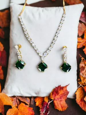 Pearlfect Green Emerald with American Diamond Cut Stones Necklace