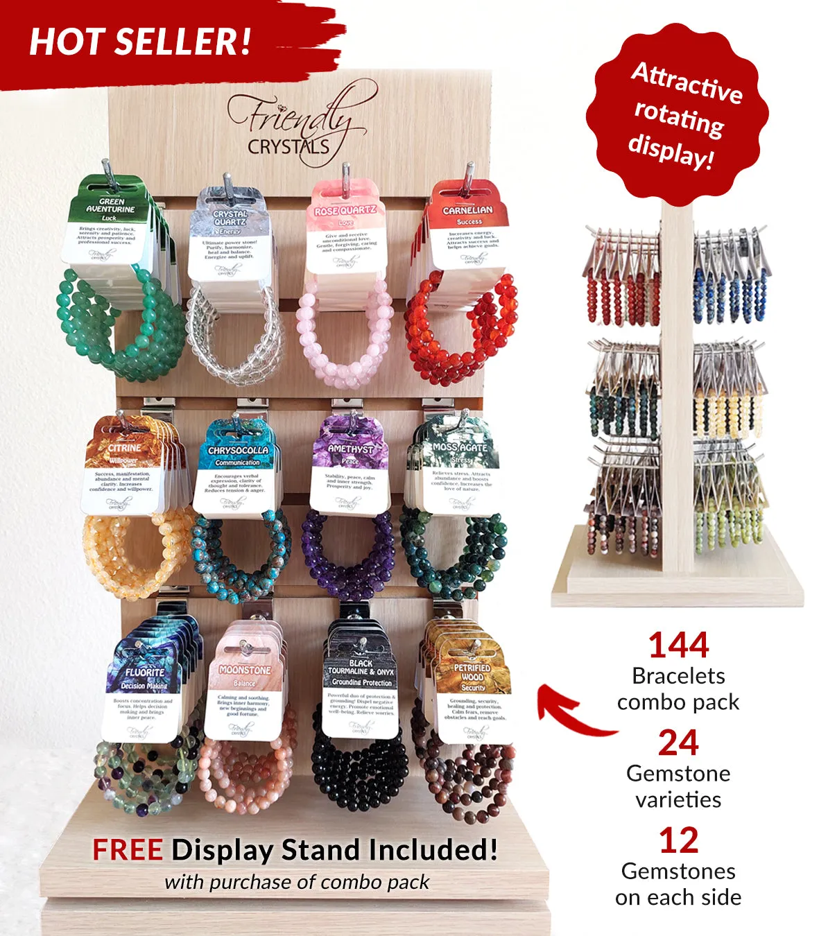 Premium Gemstone Bracelets Combo Pack - 144 Gemstone Power Bracelets 8 mm & FREE Rotating Display Stand!