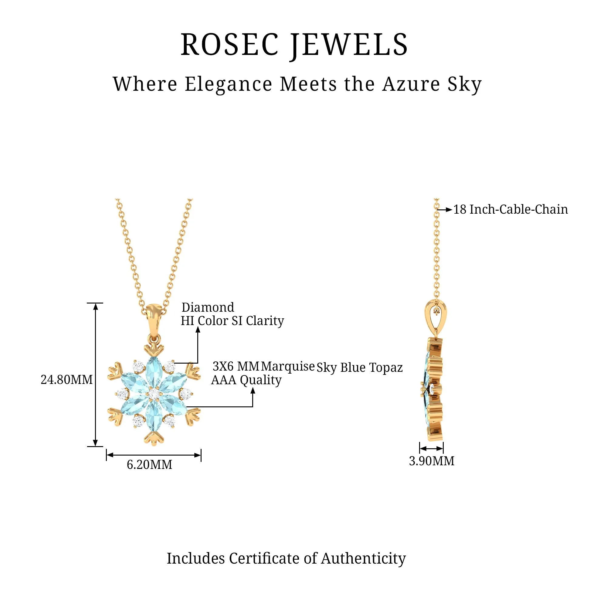 Sky Blue Topaz and Diamond Snowflake Pendant Necklace