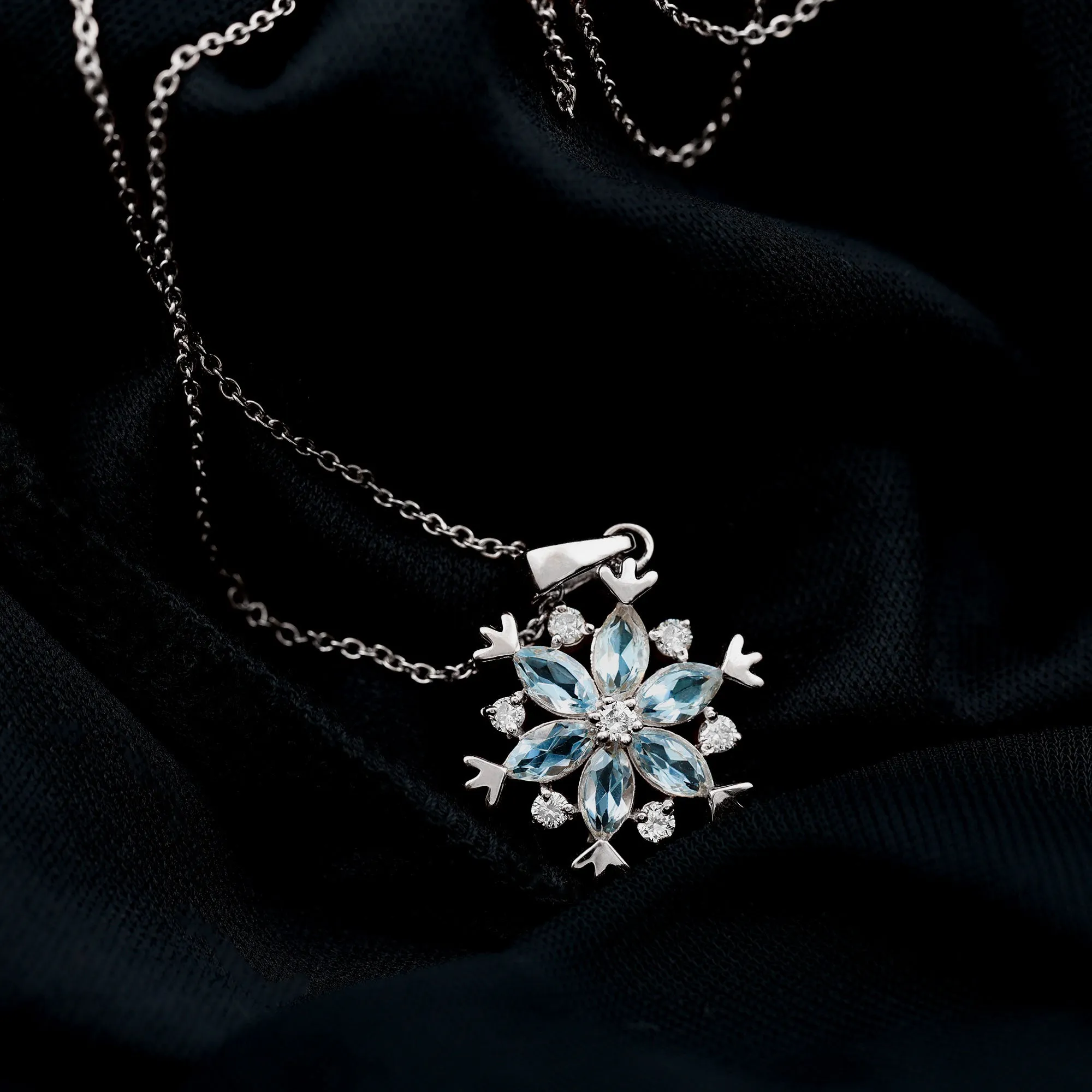 Sky Blue Topaz and Diamond Snowflake Pendant Necklace