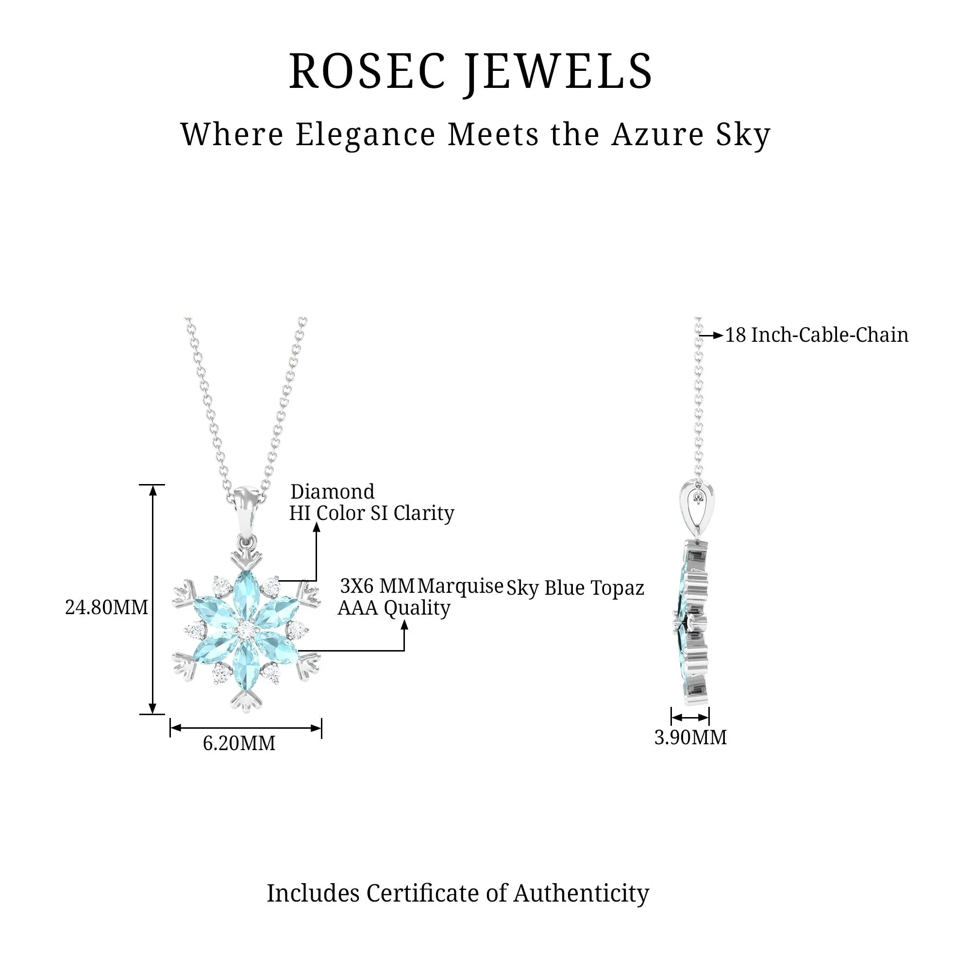 Sky Blue Topaz and Diamond Snowflake Pendant Necklace