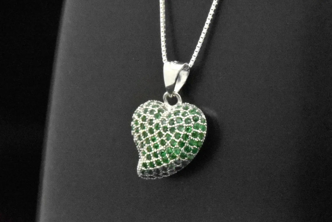 Sterling Silver Created Green Emerald Heart Pendant Necklace
